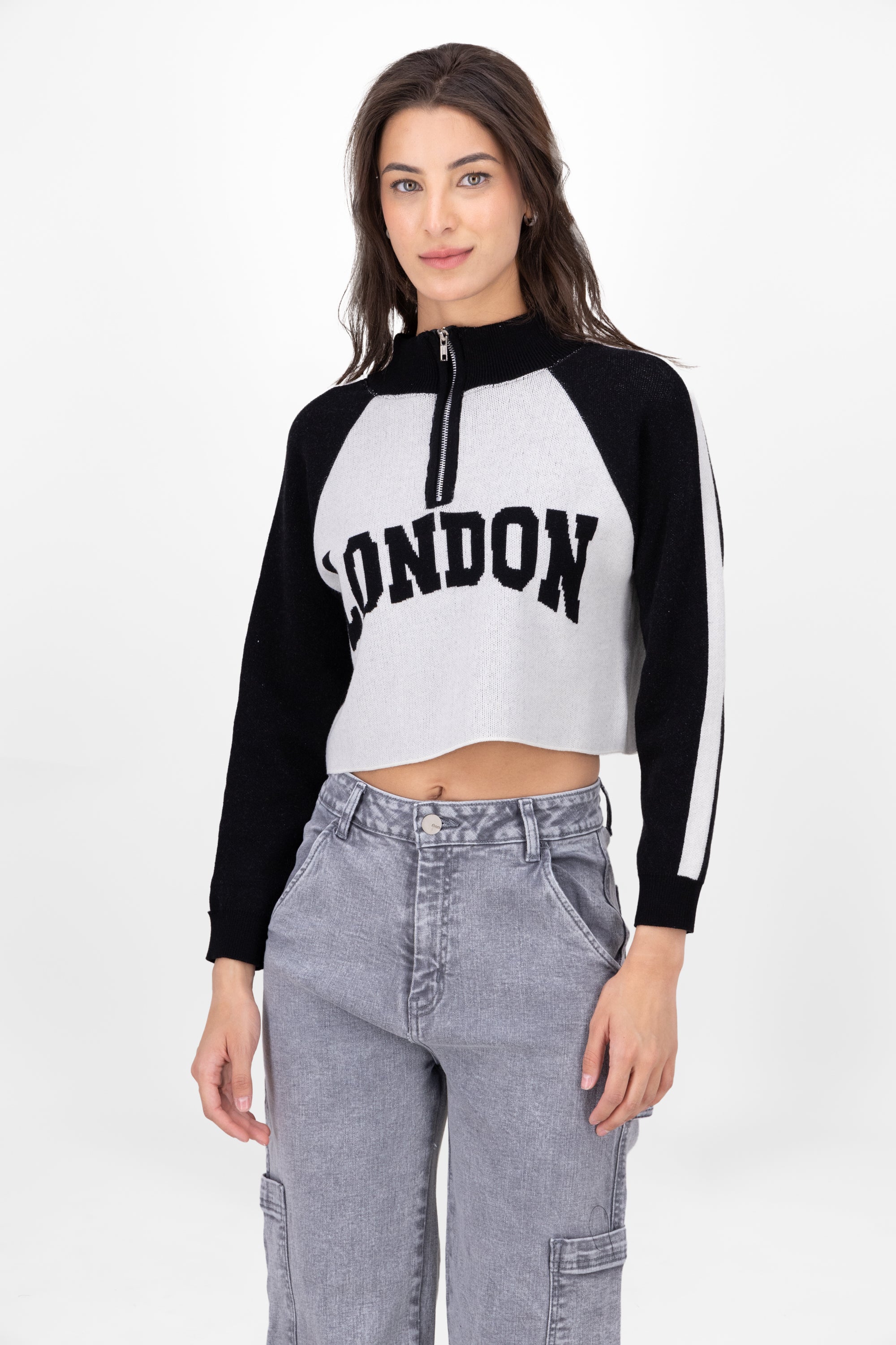 Sueter London Crop Manga Larga NEGRO COMBO