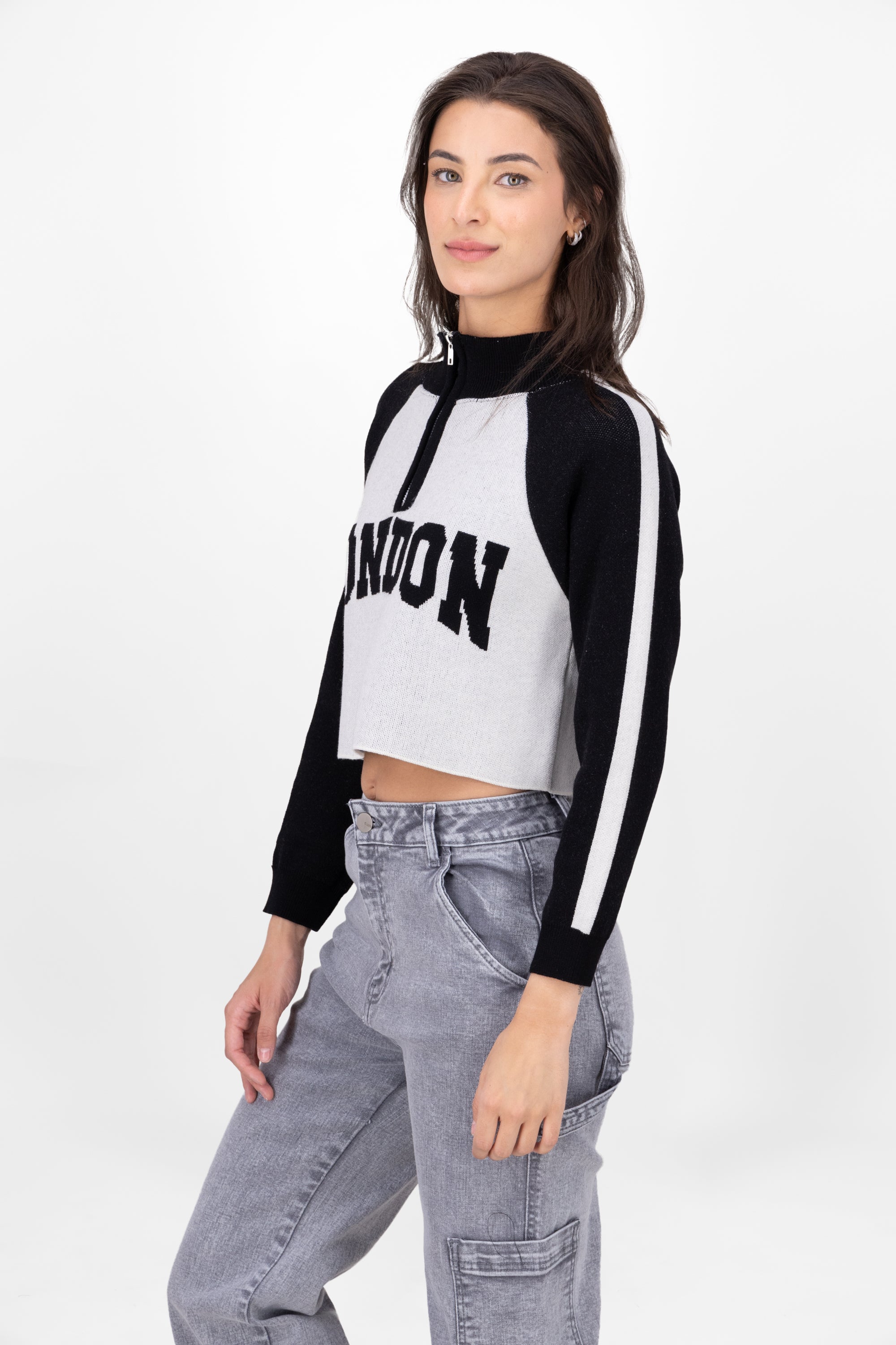 Sueter London Crop Manga Larga NEGRO COMBO