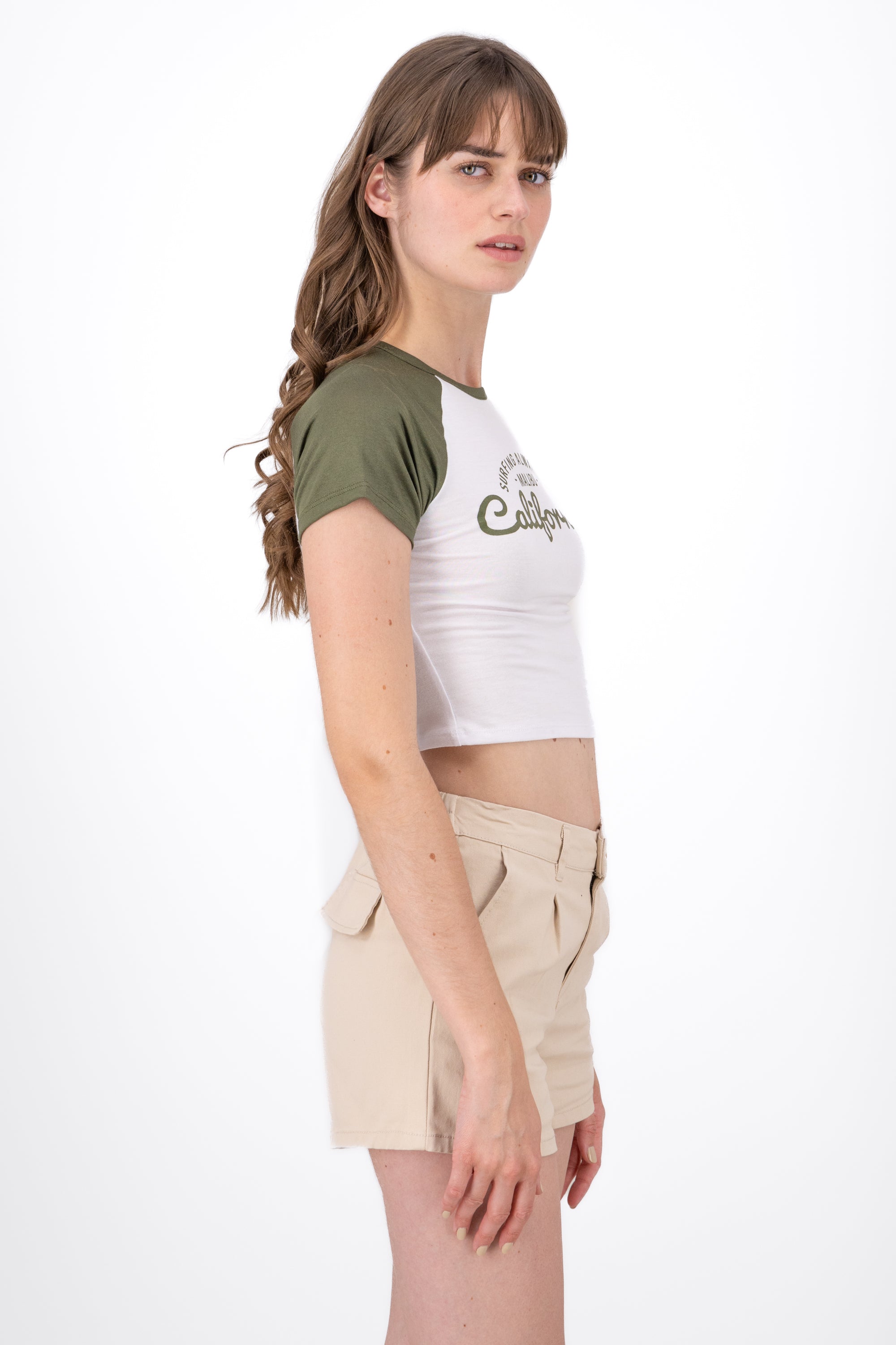 Playera Crop Contraste Mangas OLIVO COMBO