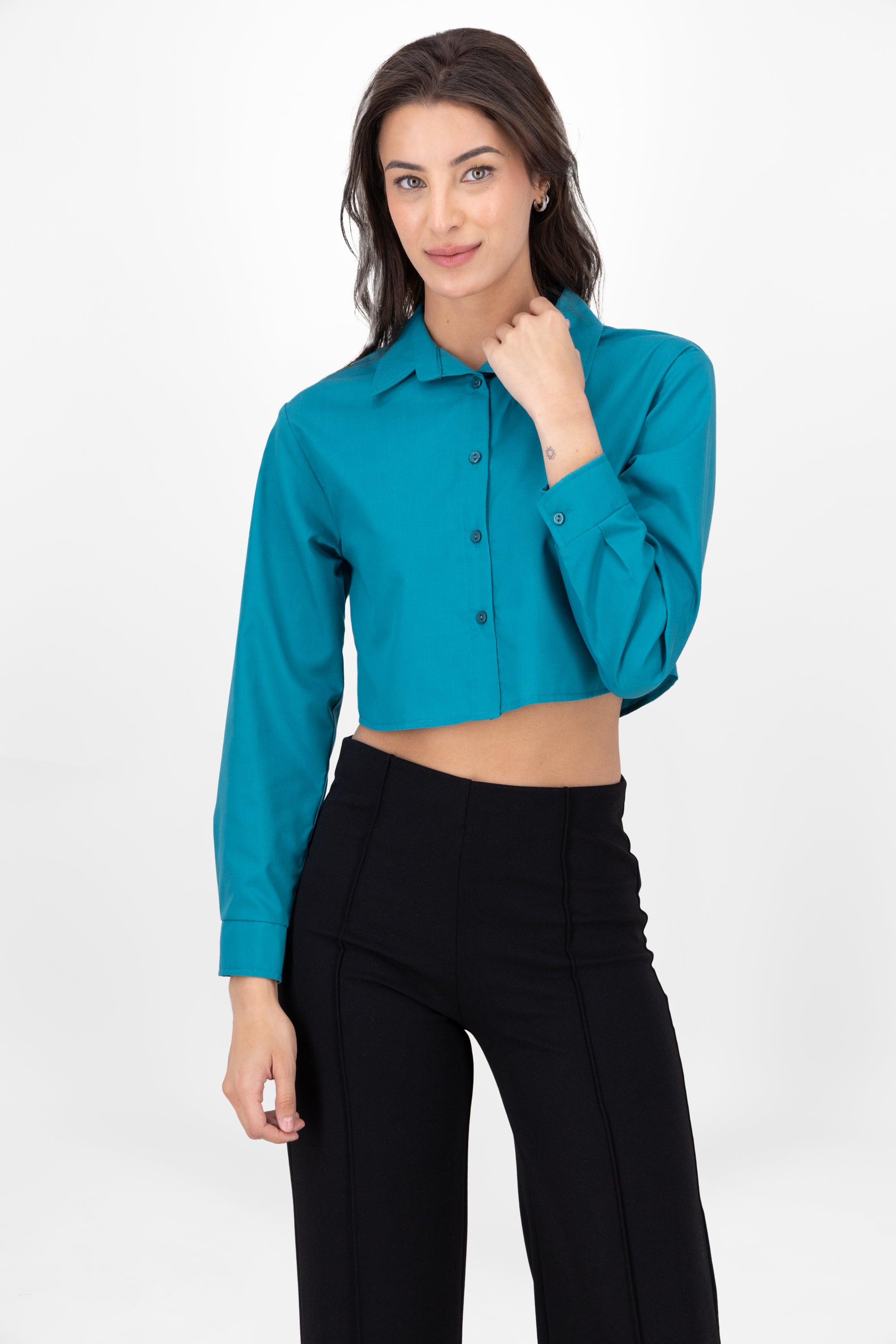 CROP shirt long sleeve Bright turquoise