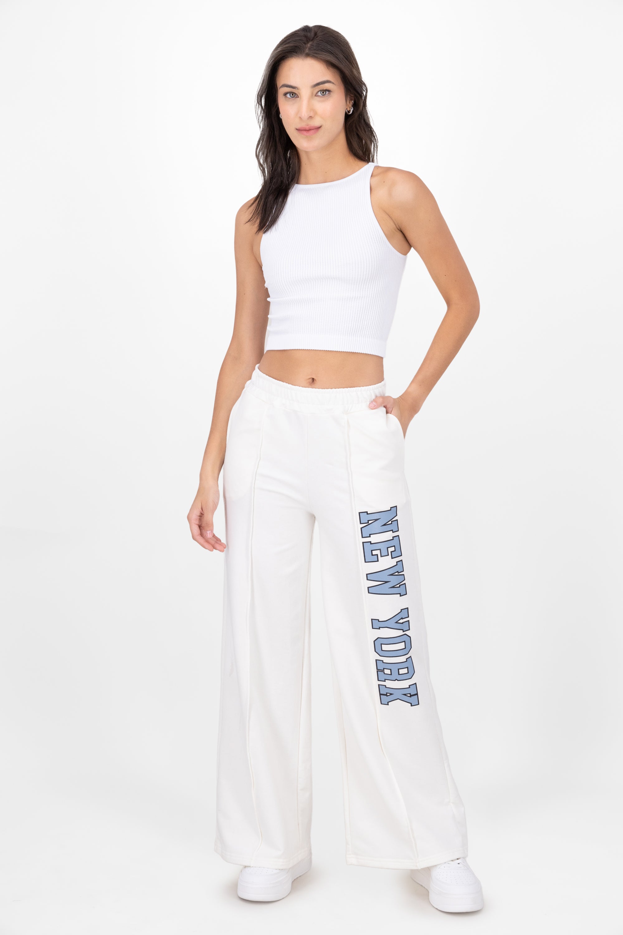 Pants Amplios Detalle Estampado New York BLANCO