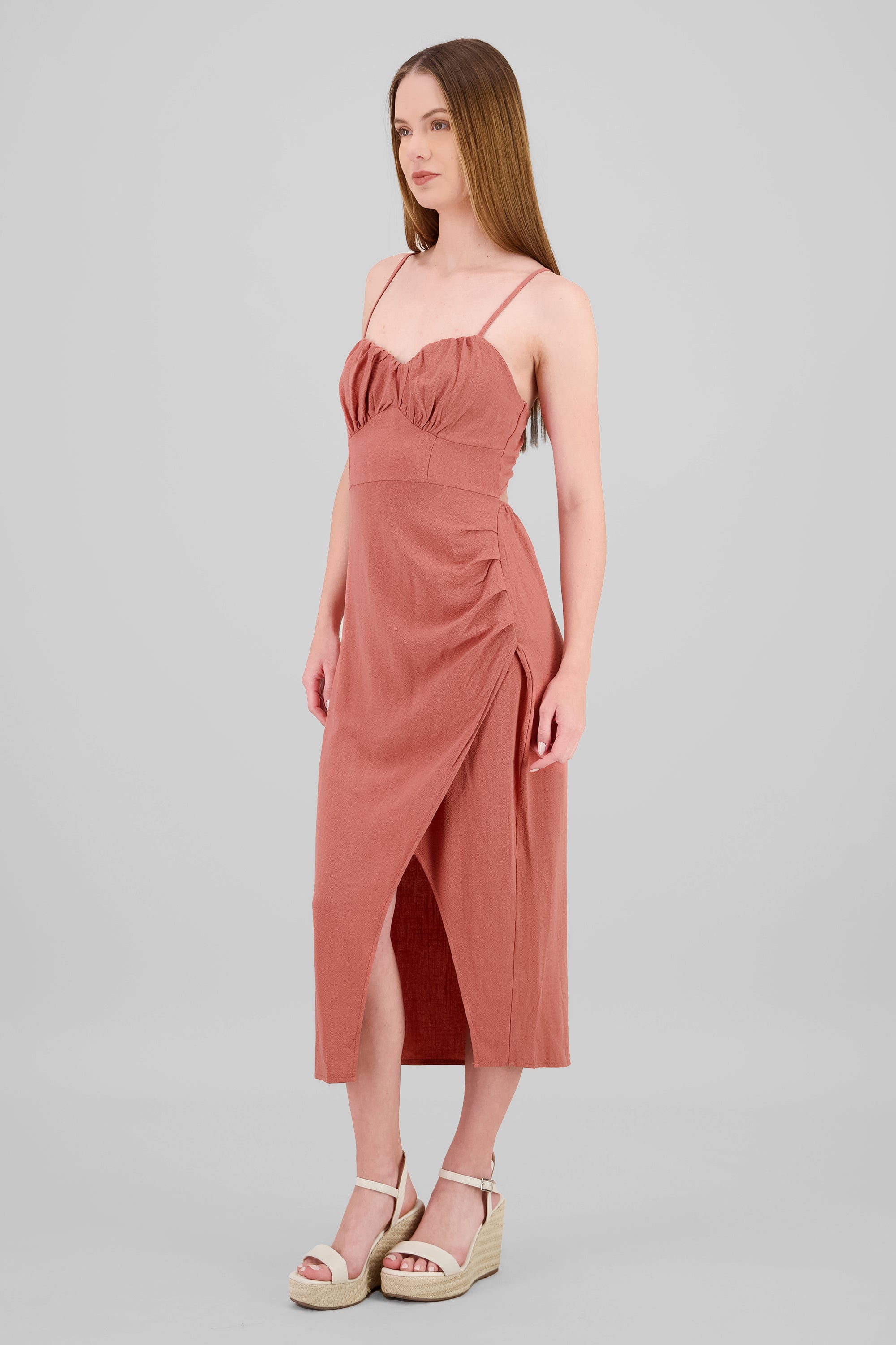 Vestido maxi abertura pierna LADRILLO