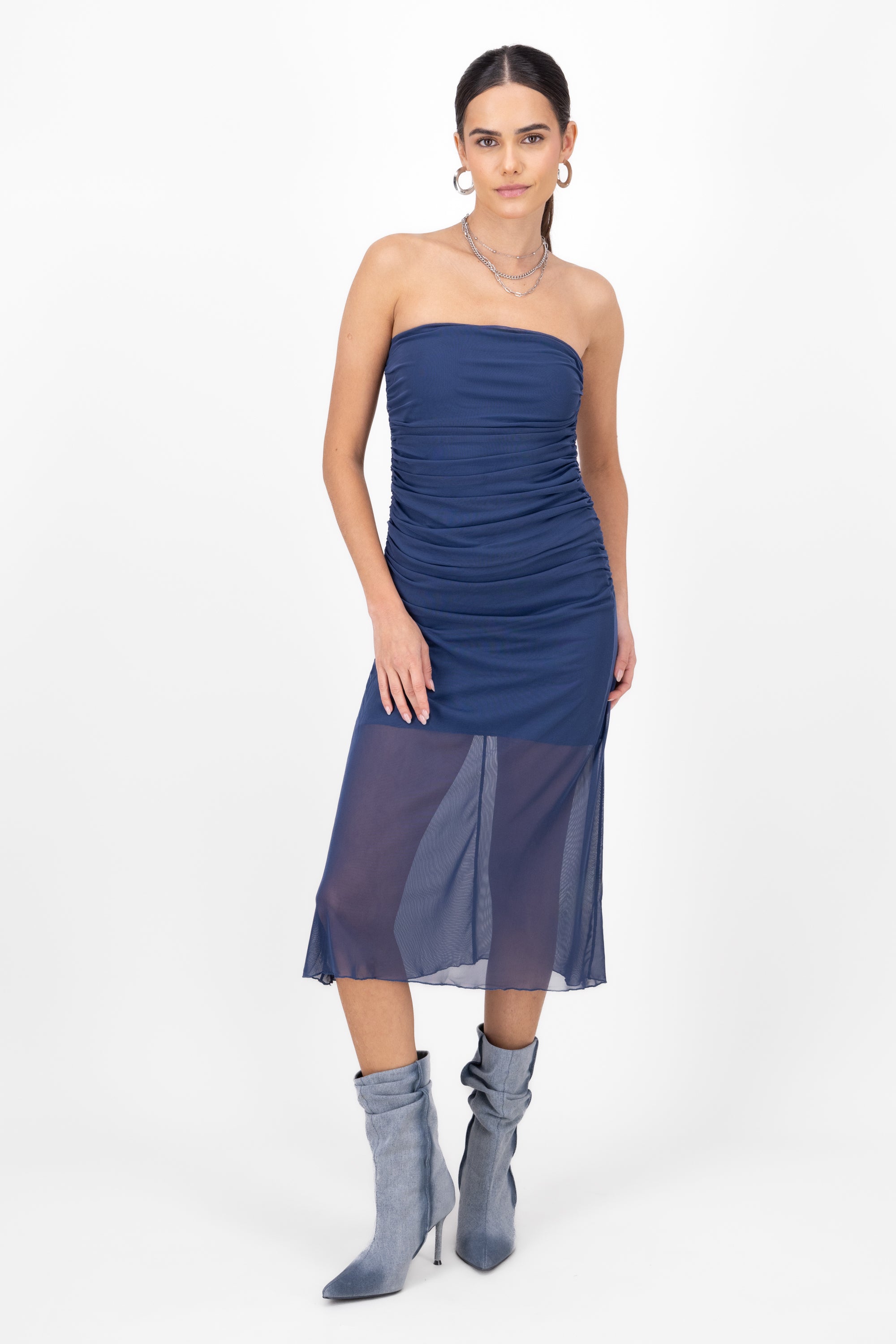 Vestido Midi Strapless Fruncido INDIGO