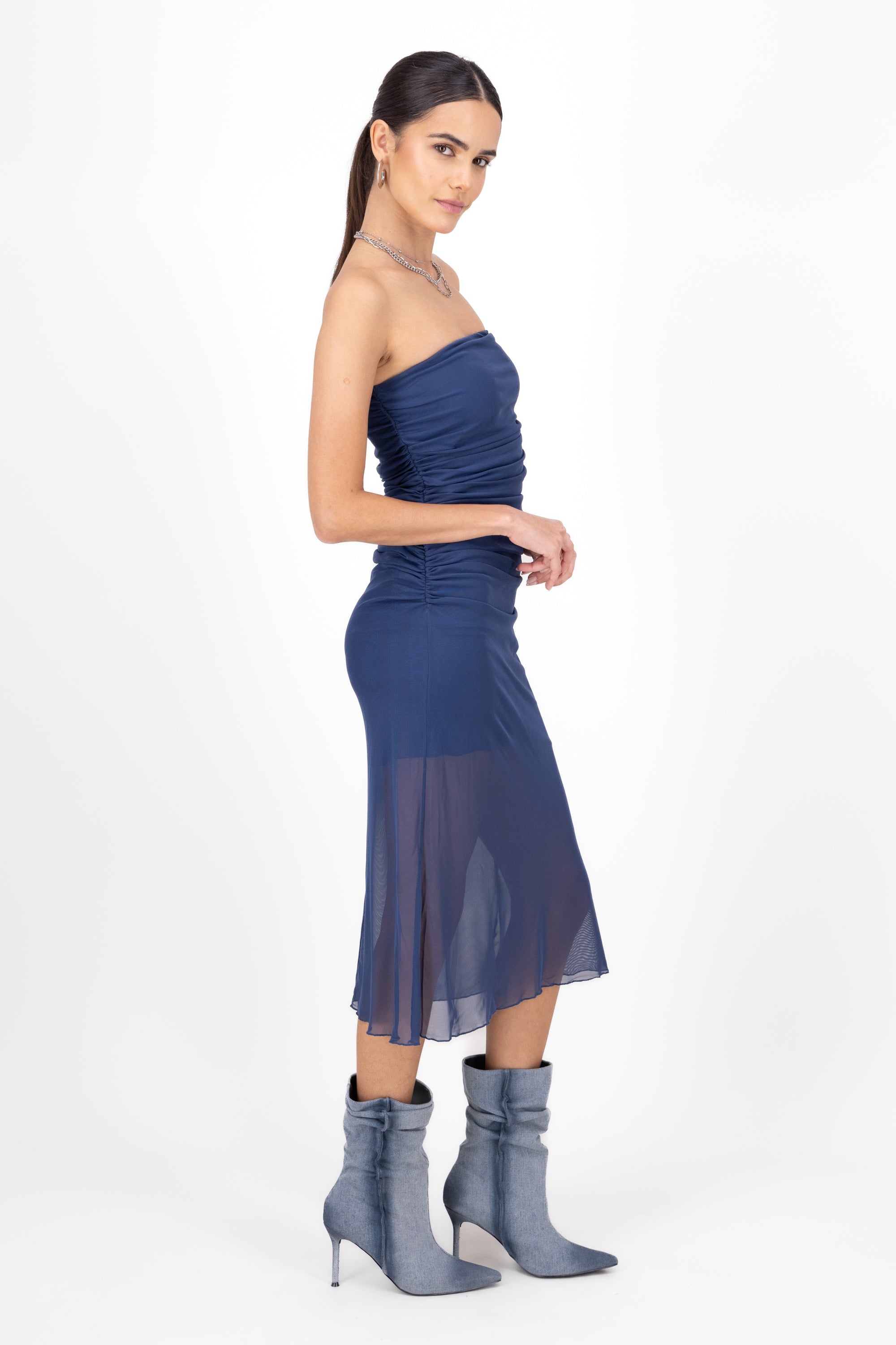 Vestido Midi Strapless Fruncido INDIGO