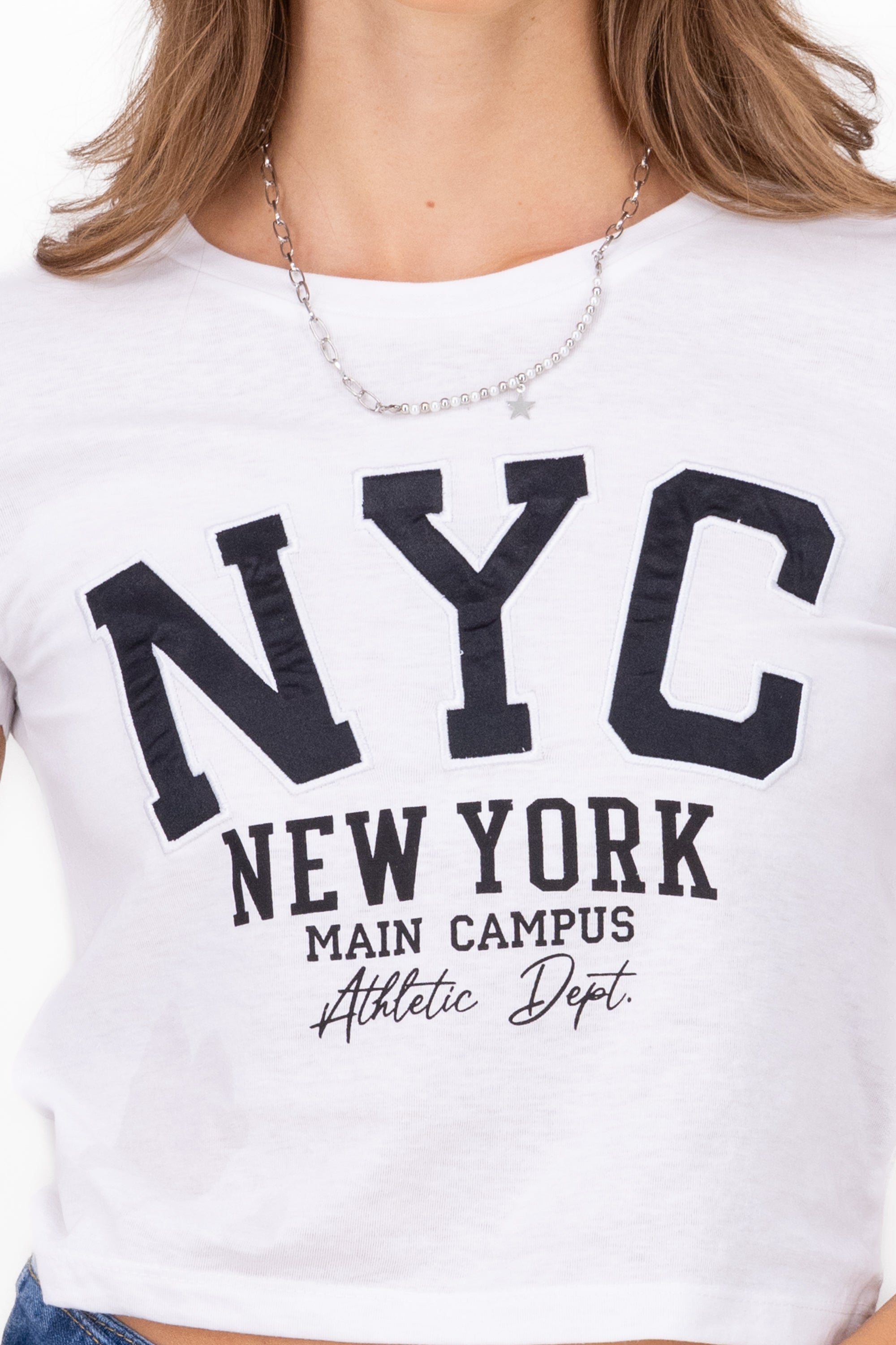 Playera con estampado de ny y textura BLANCO COMBO