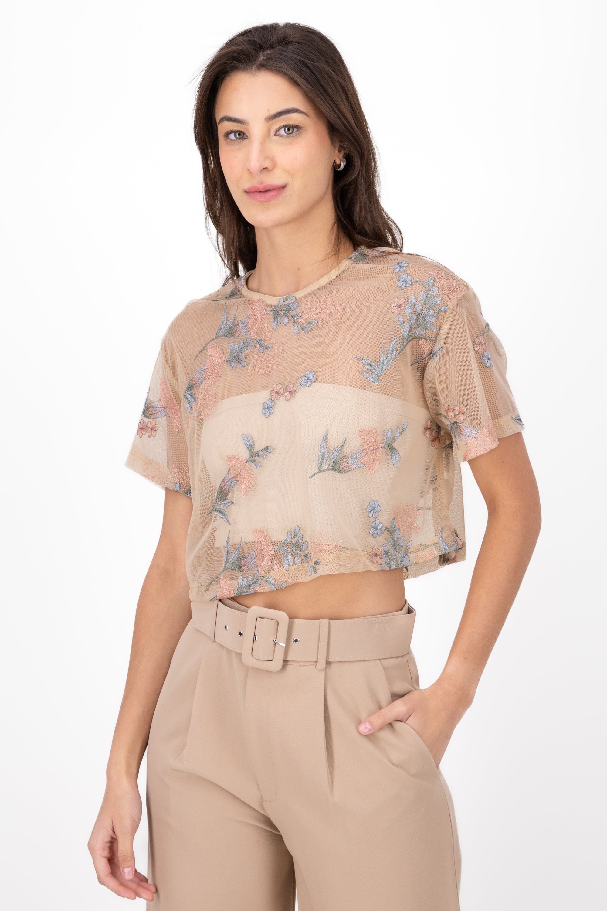 Top manga corta tul bordado flores Hypsters BEIGE