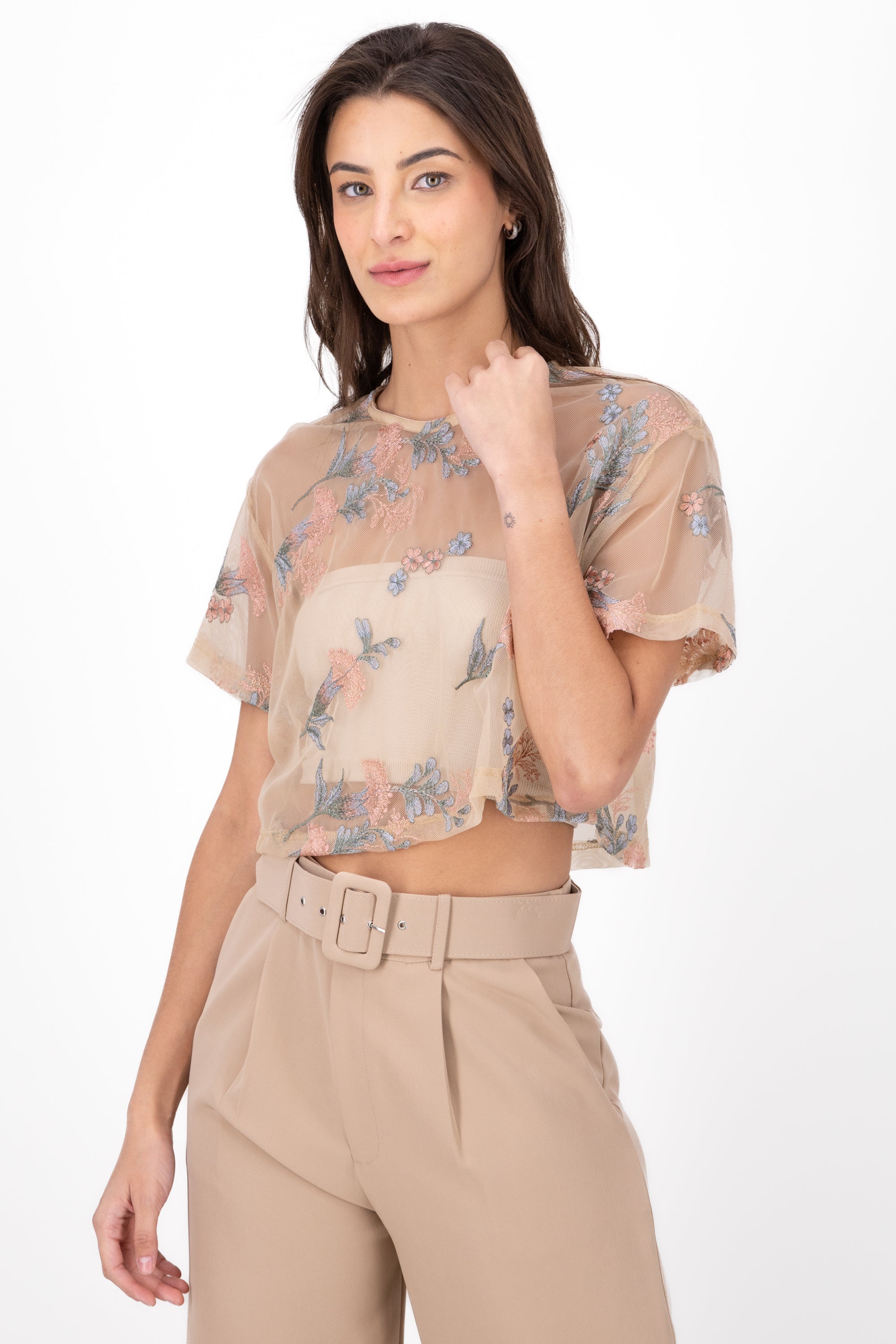 Top manga corta tul bordado flores Hypsters BEIGE