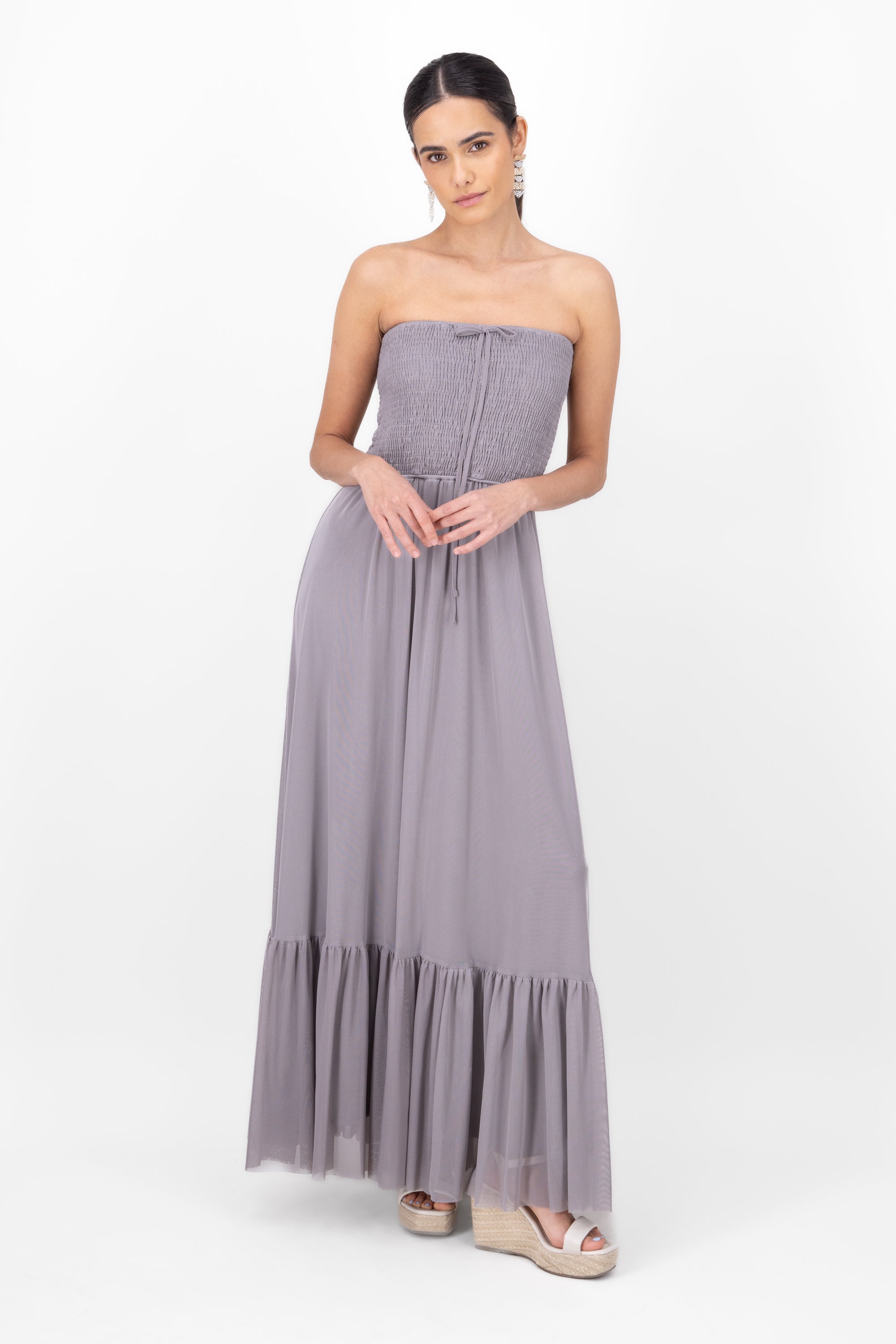 Maxi vestido strapless mesh GRIS