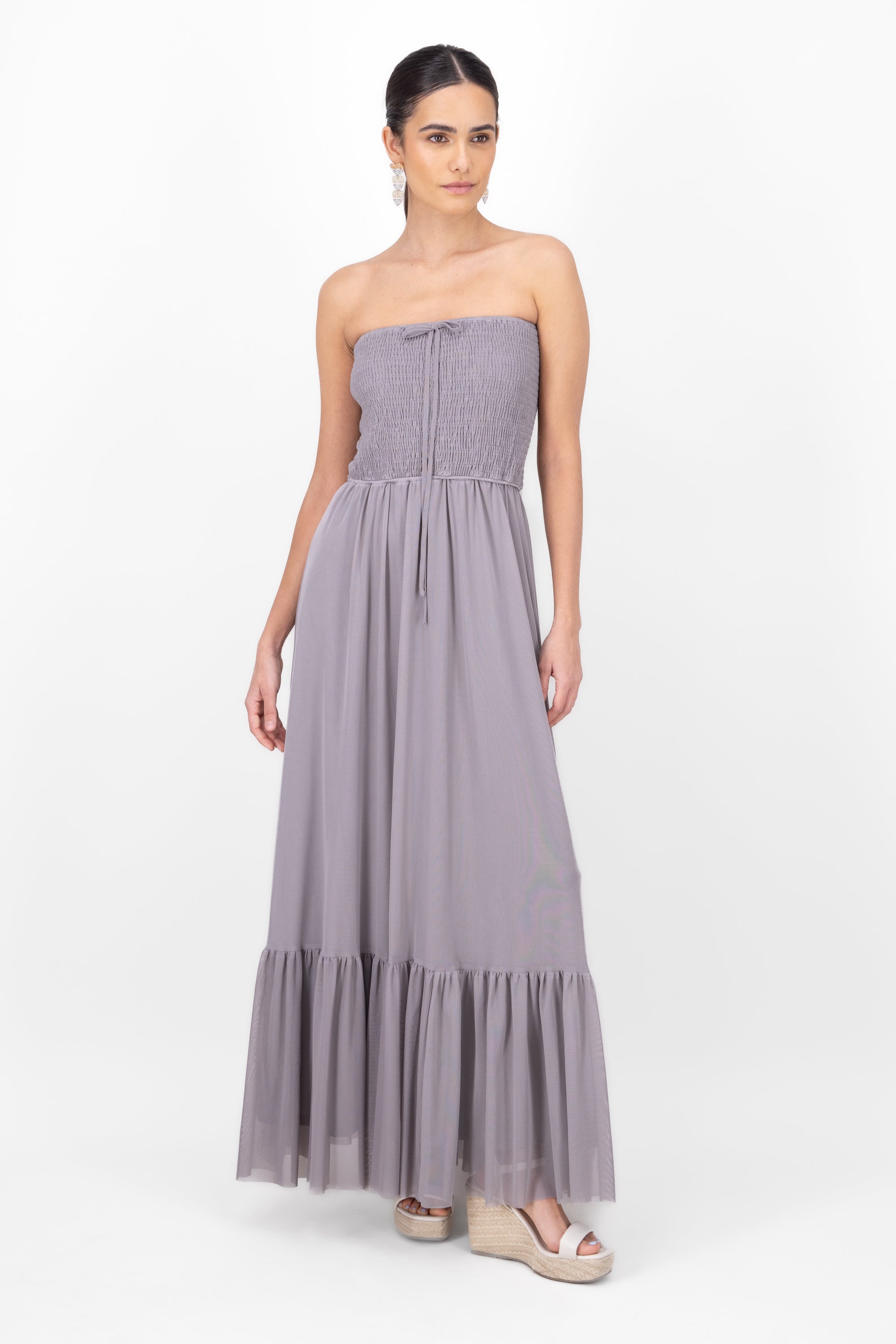 Maxi vestido strapless mesh GRIS