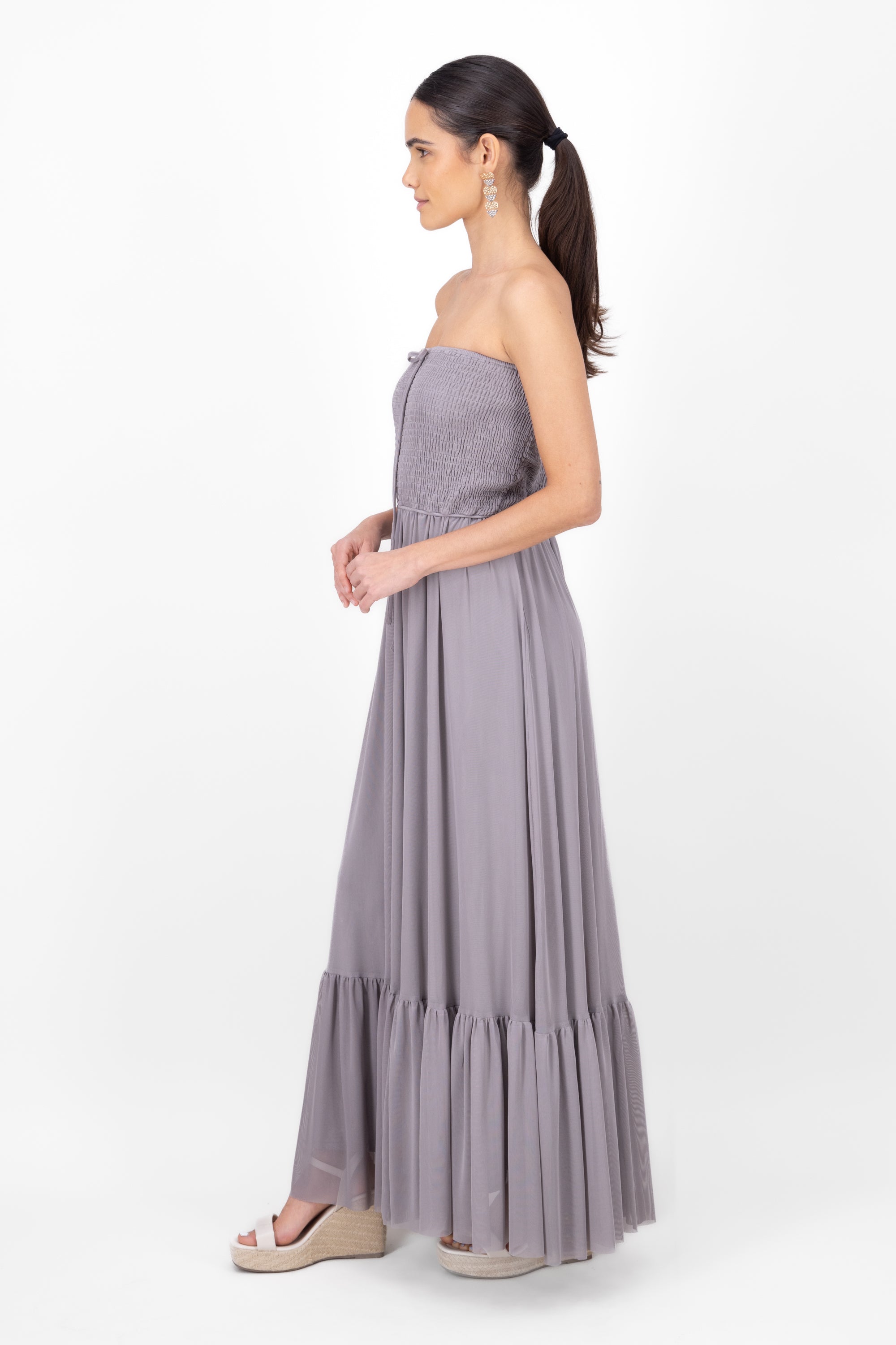 Maxi Strapless Mesh Dress GREY