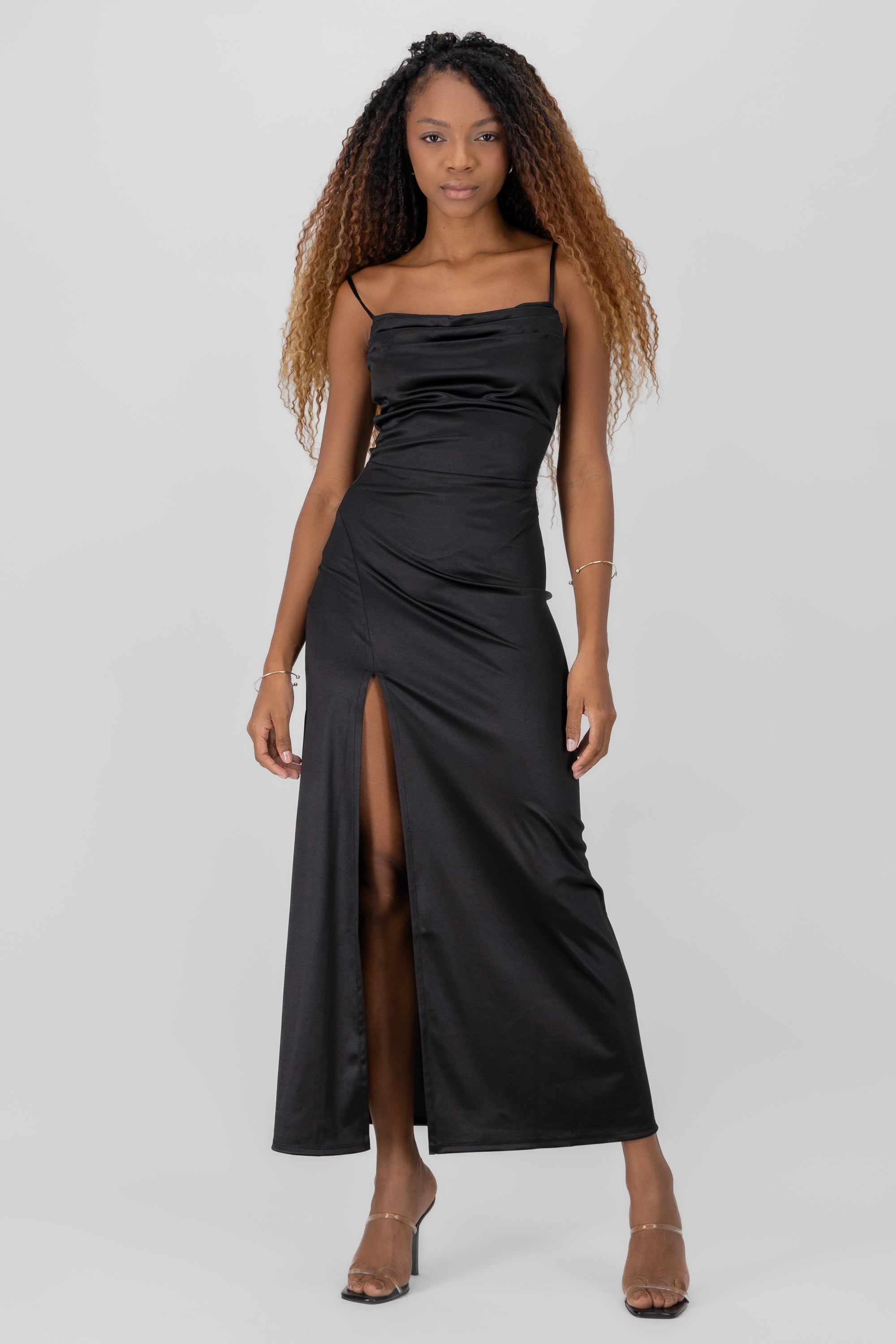 Maxi satin dress open back BLACK