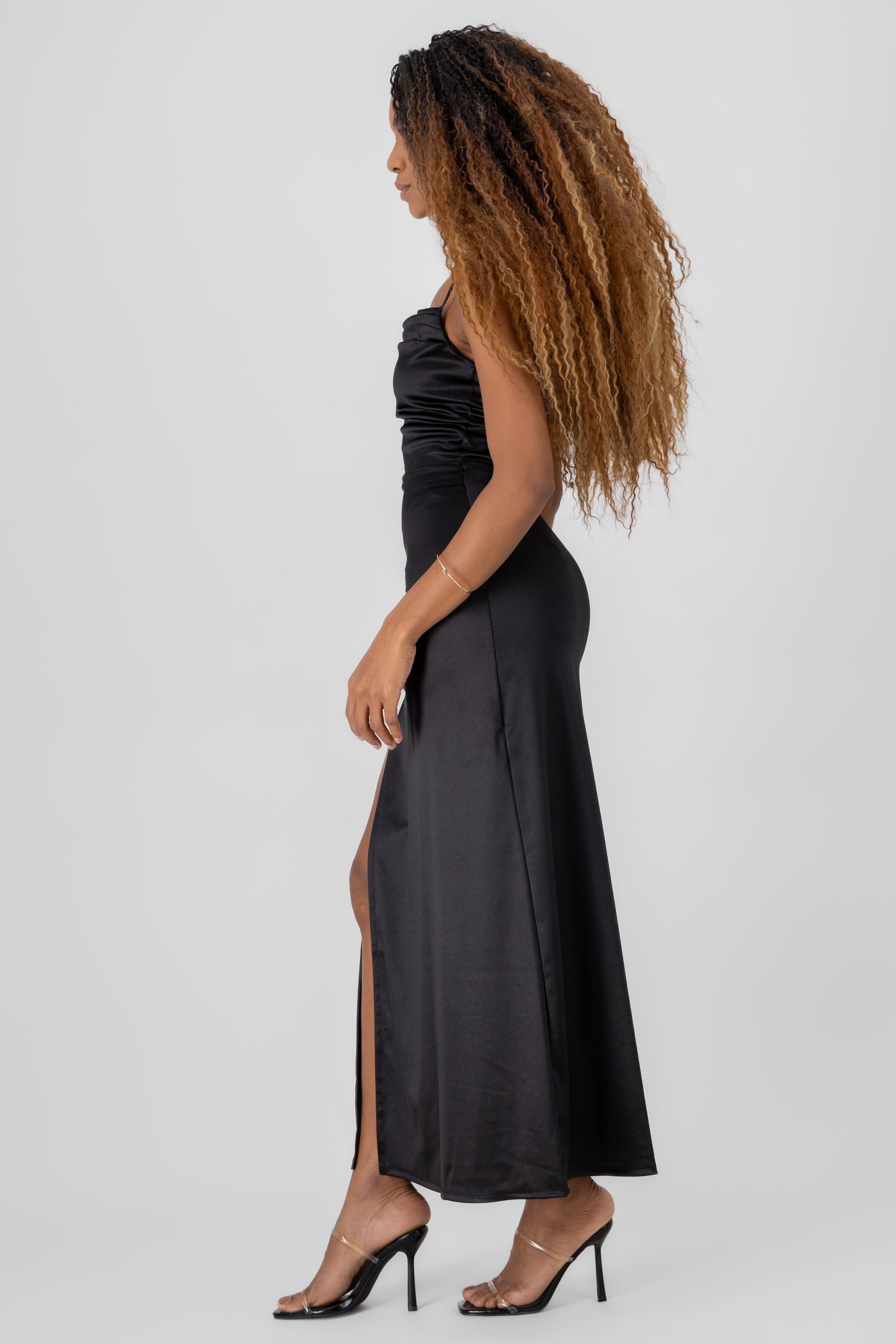 Maxi satin dress open back BLACK