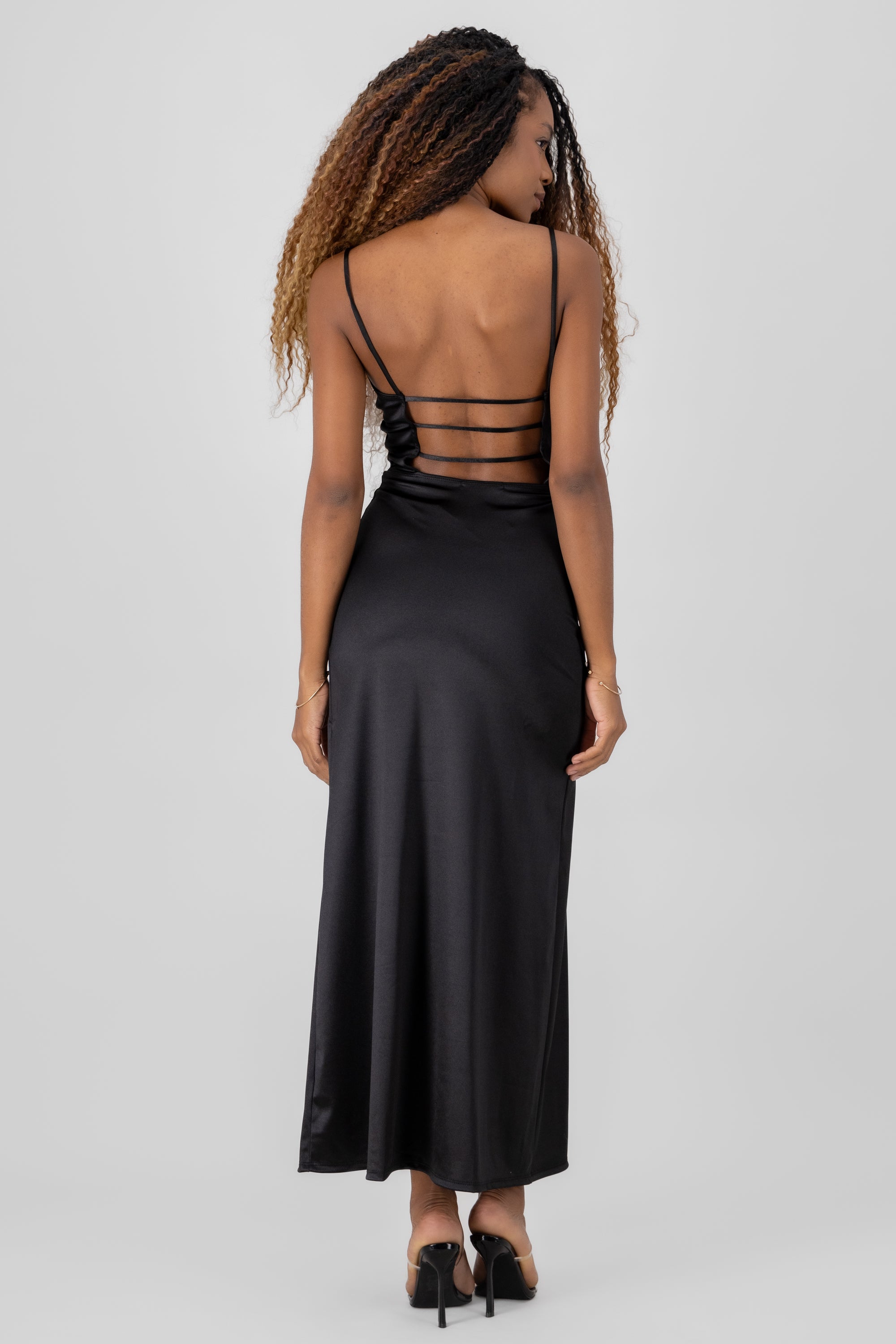 Maxi satin dress open back BLACK