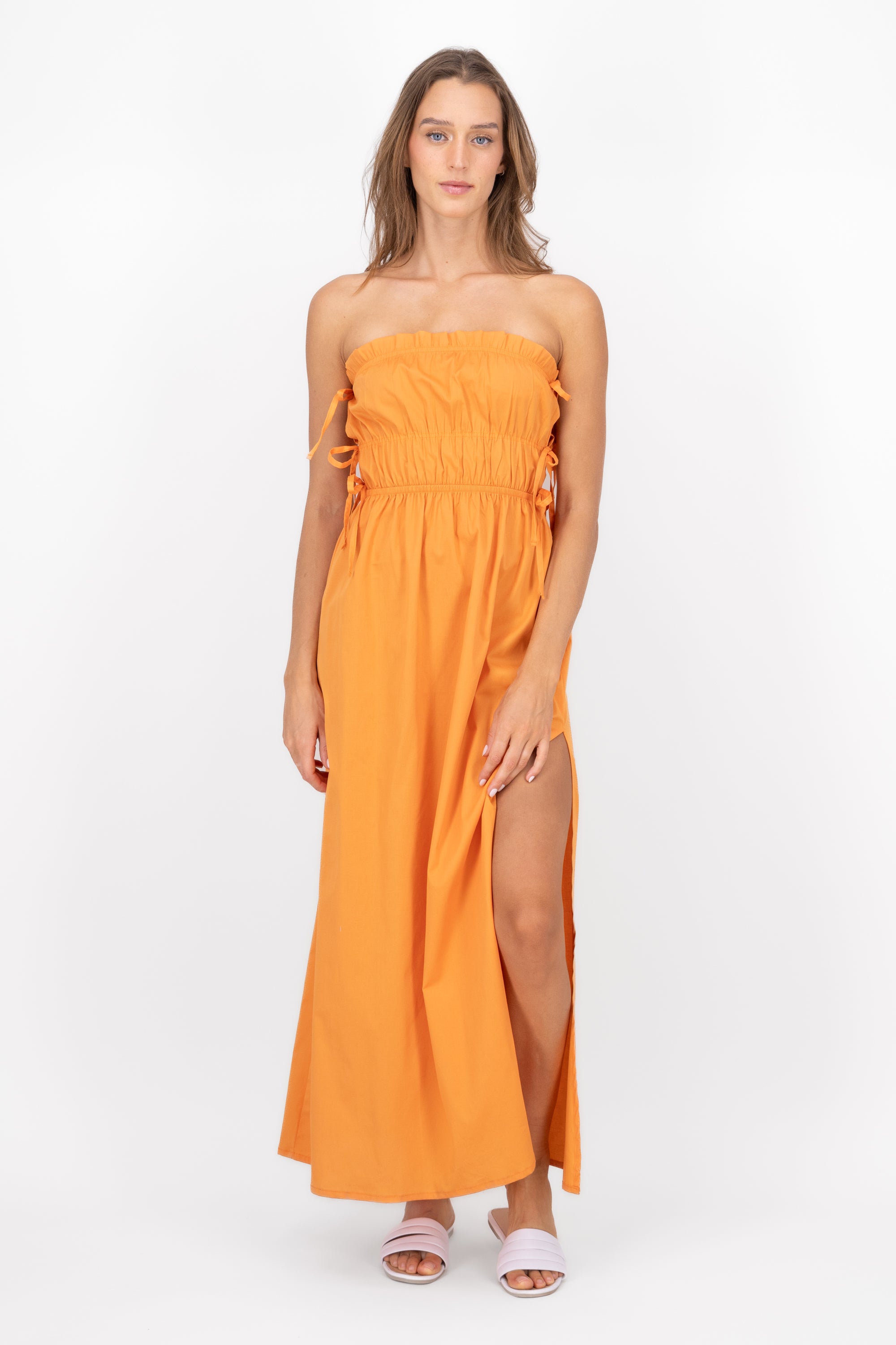 Vestido Maxi Ligas Detalle Lasos MANDARINA