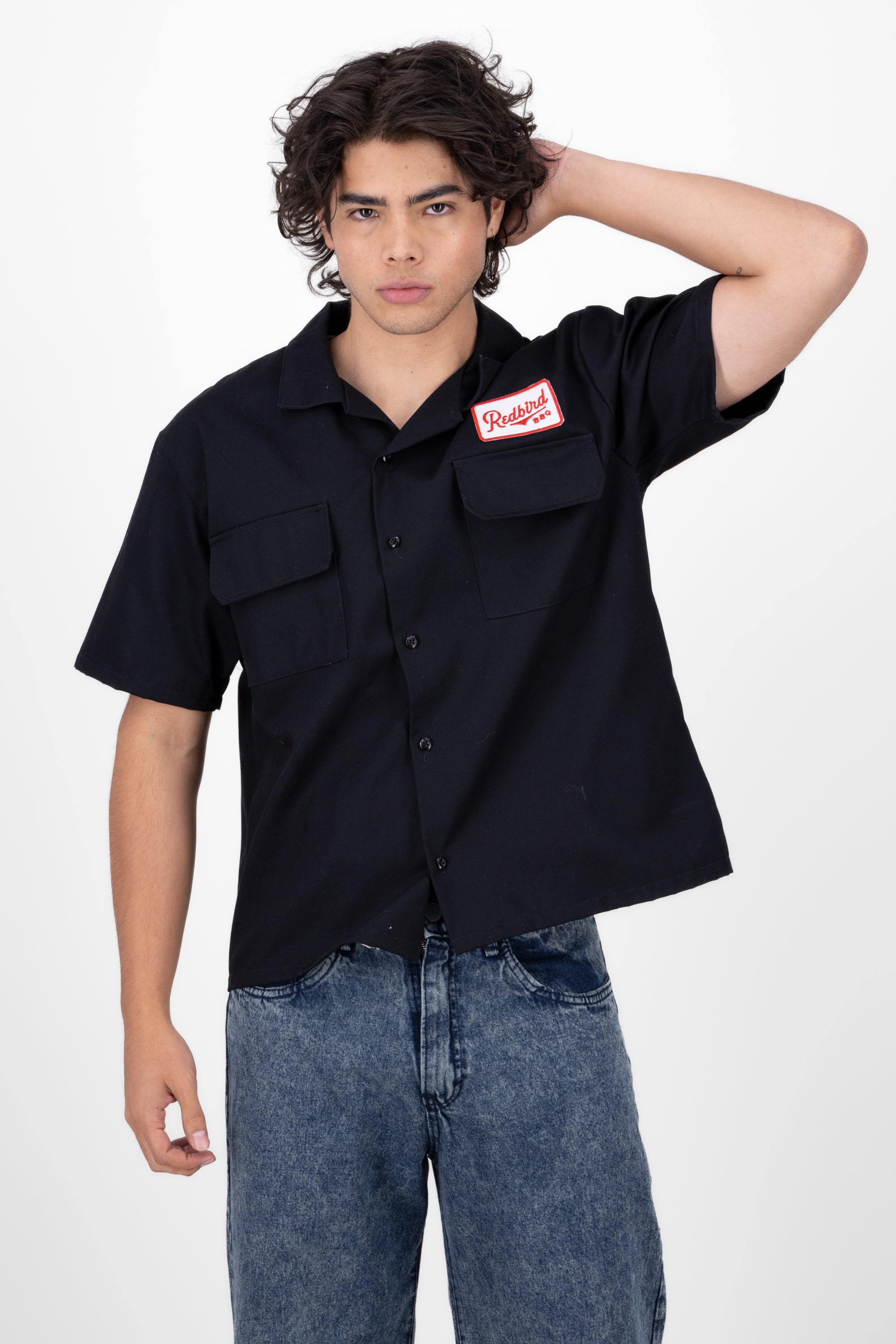 Short Manga Shirt Boxy embroidered BLACK