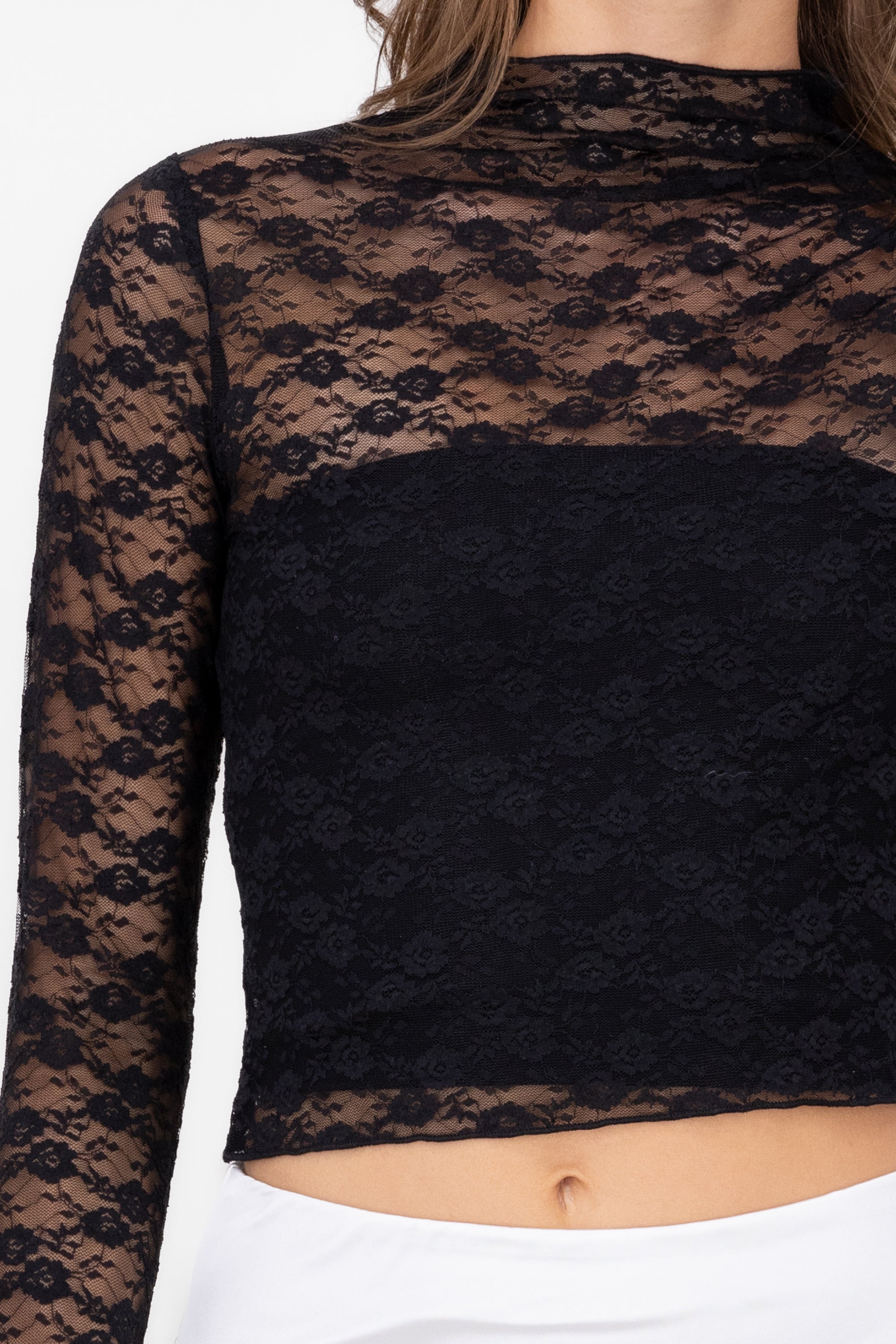 Long -sleeved rose lace top BLACK