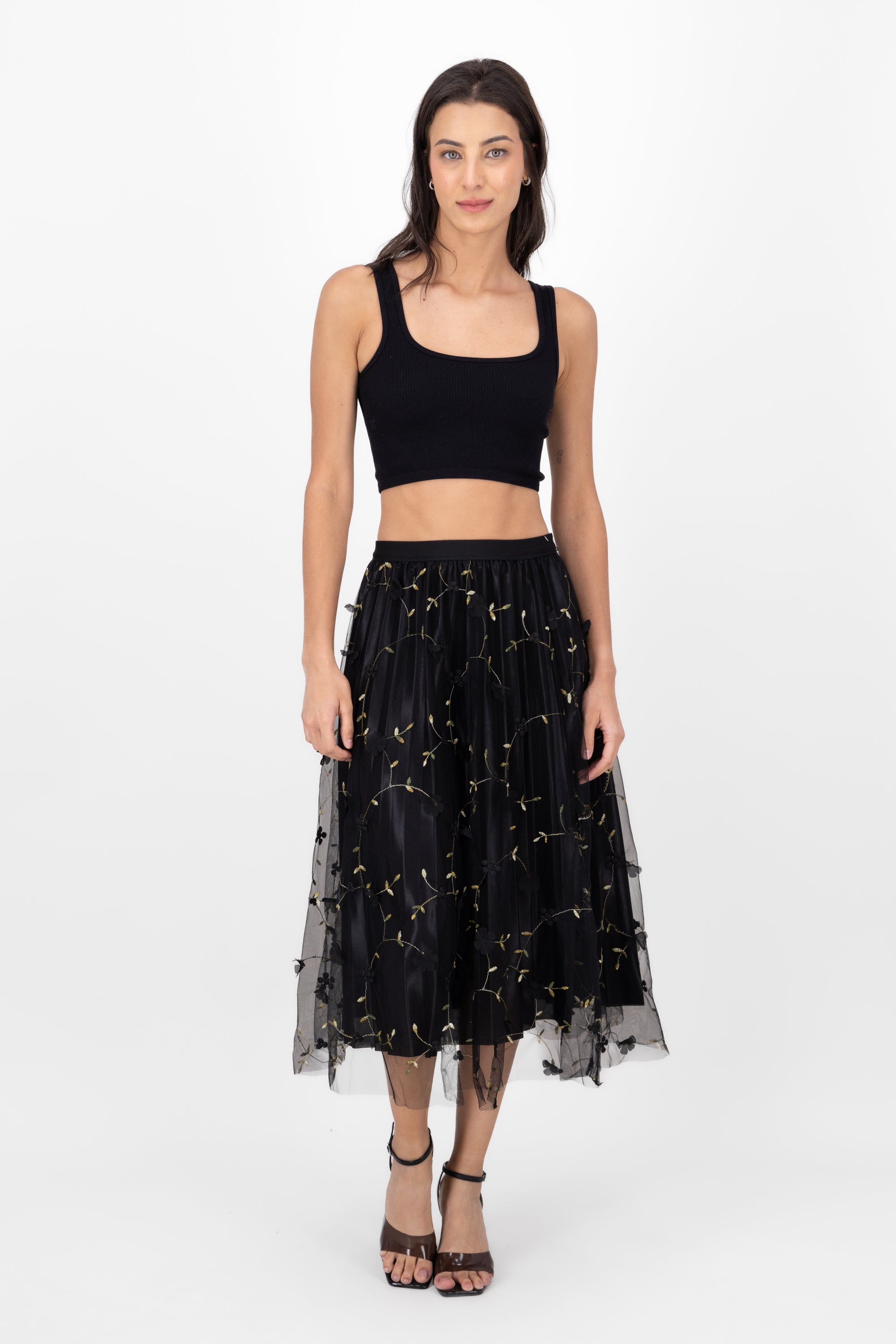 Falda Flores Bordadas De Tulle NEGRO