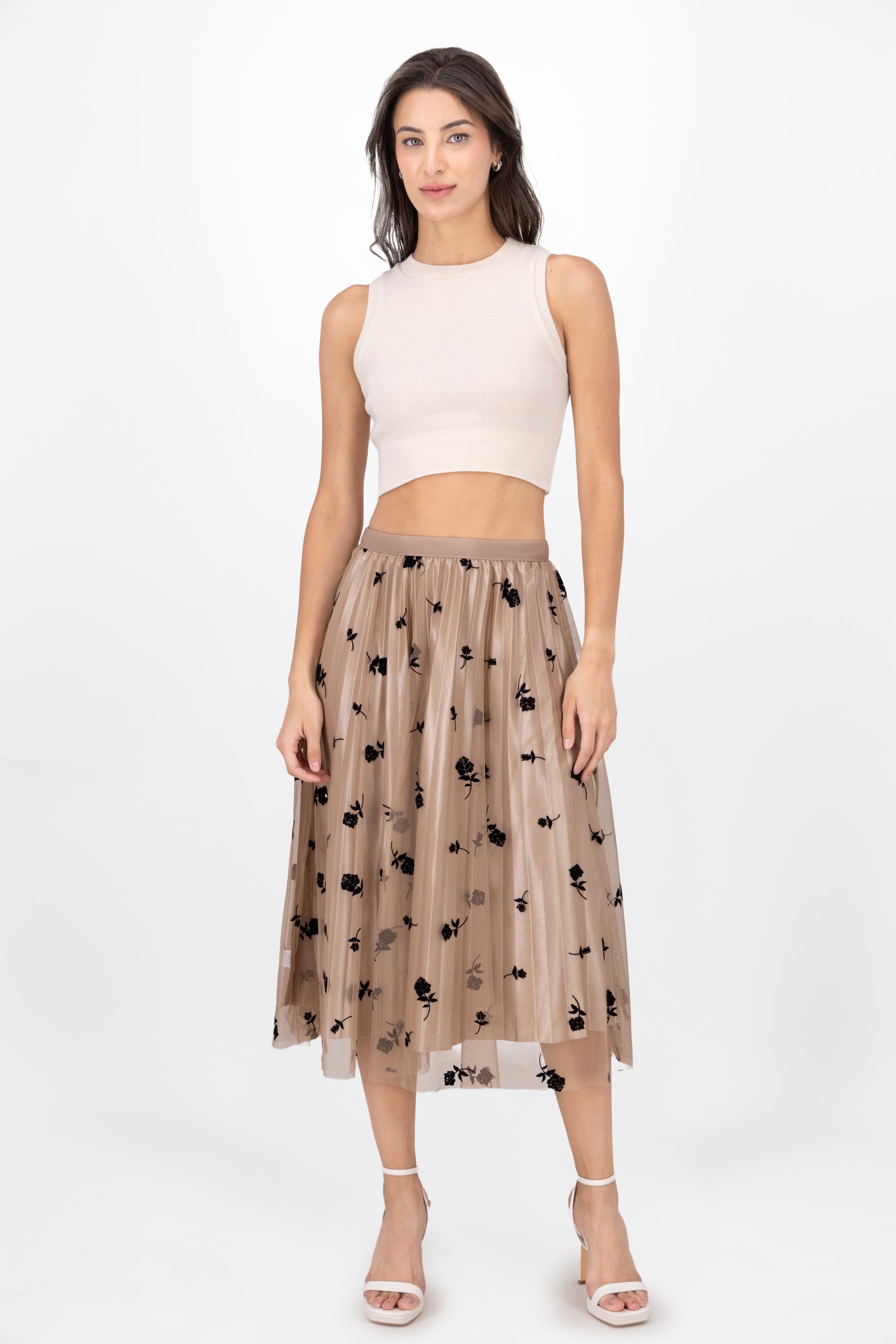 Falda Tulle Con Estampado De Rosas TAUPE