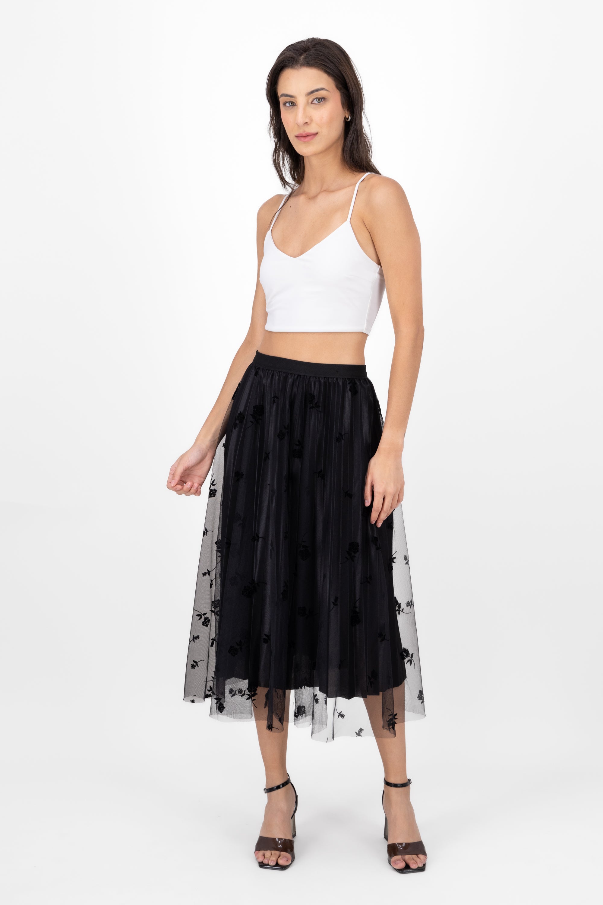 Falda Tulle Con Estampado De Rosas NEGRO