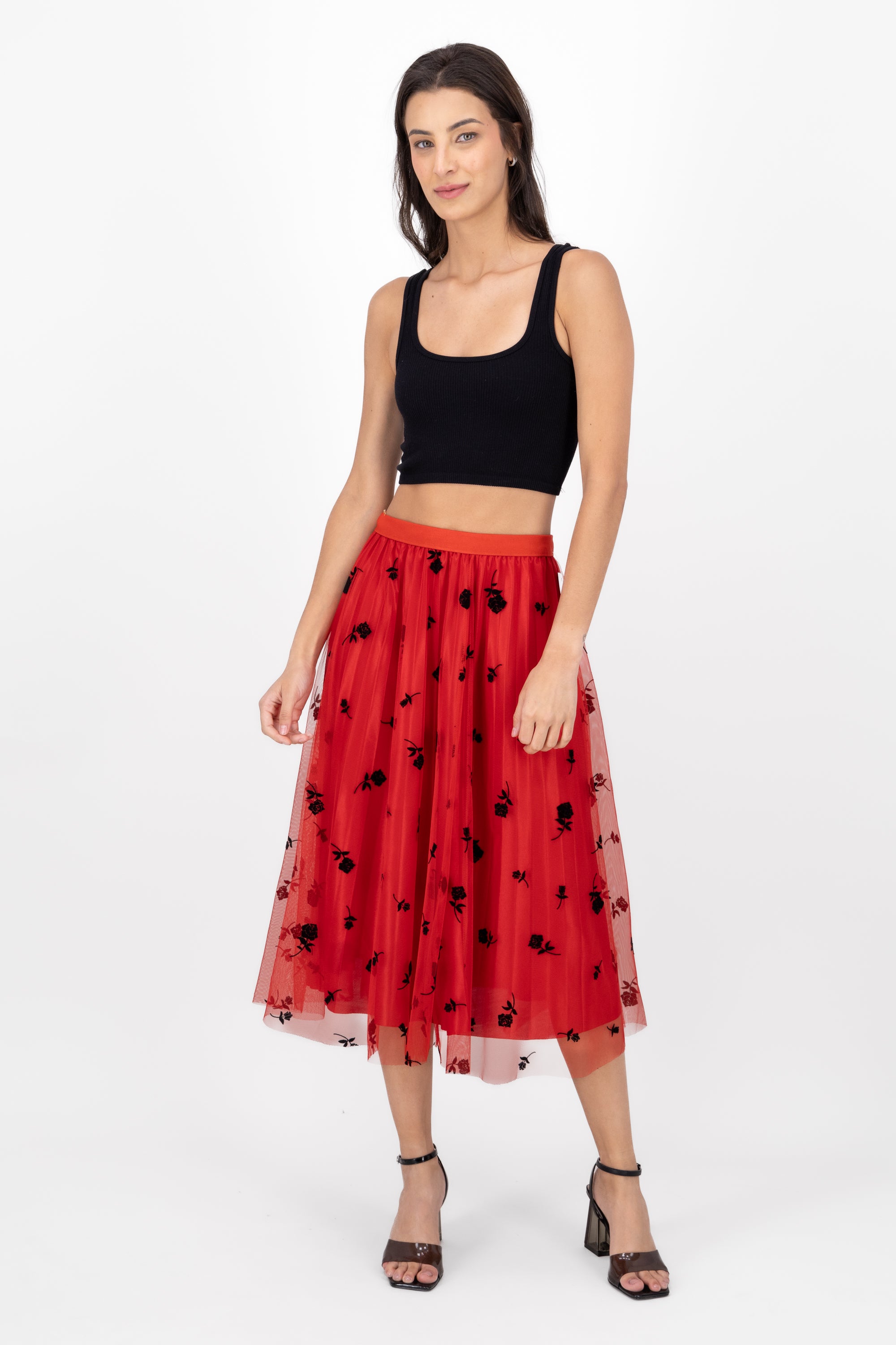 Falda Tulle Con Estampado De Rosas ROJO