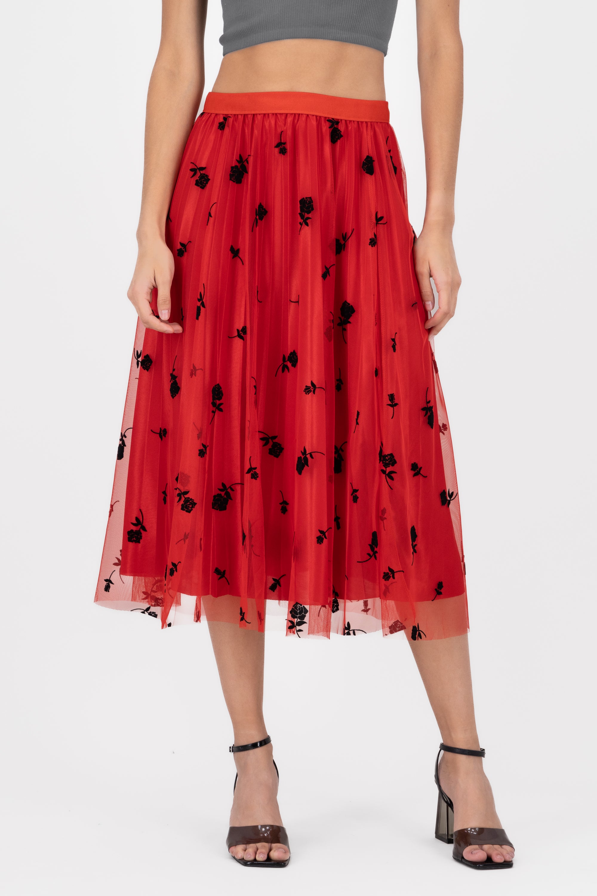 Falda Tulle Con Estampado De Rosas ROJO