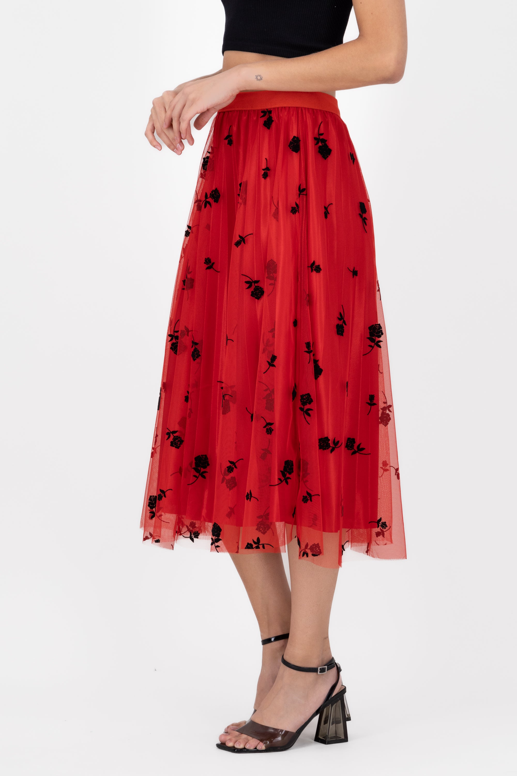 Falda Tulle Con Estampado De Rosas ROJO