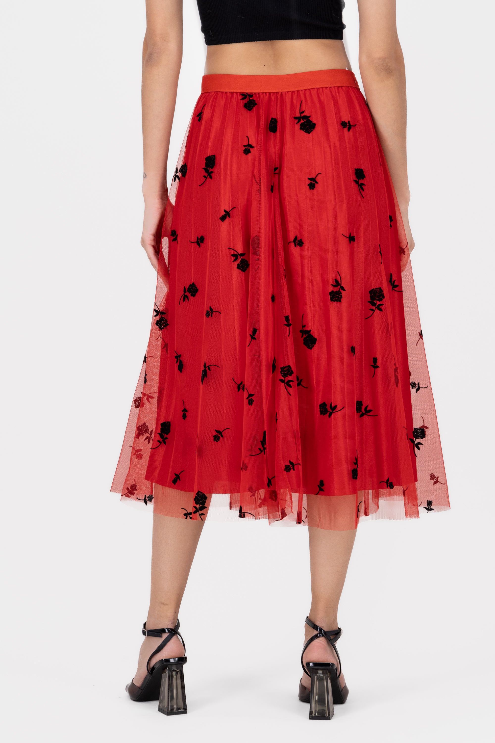 Falda Tulle Con Estampado De Rosas ROJO