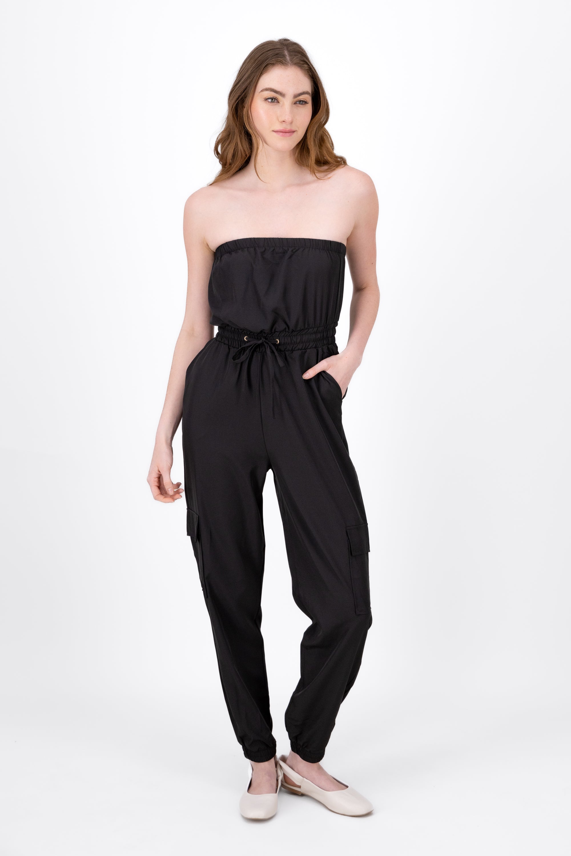 Jumpsuit Strapless Jogger Liso NEGRO