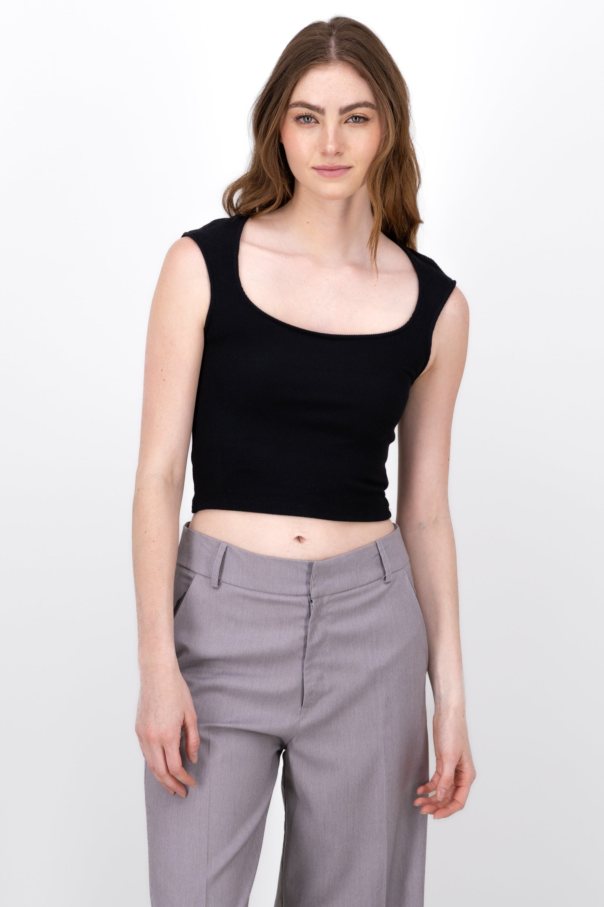 Rib top with square neckline BLACK