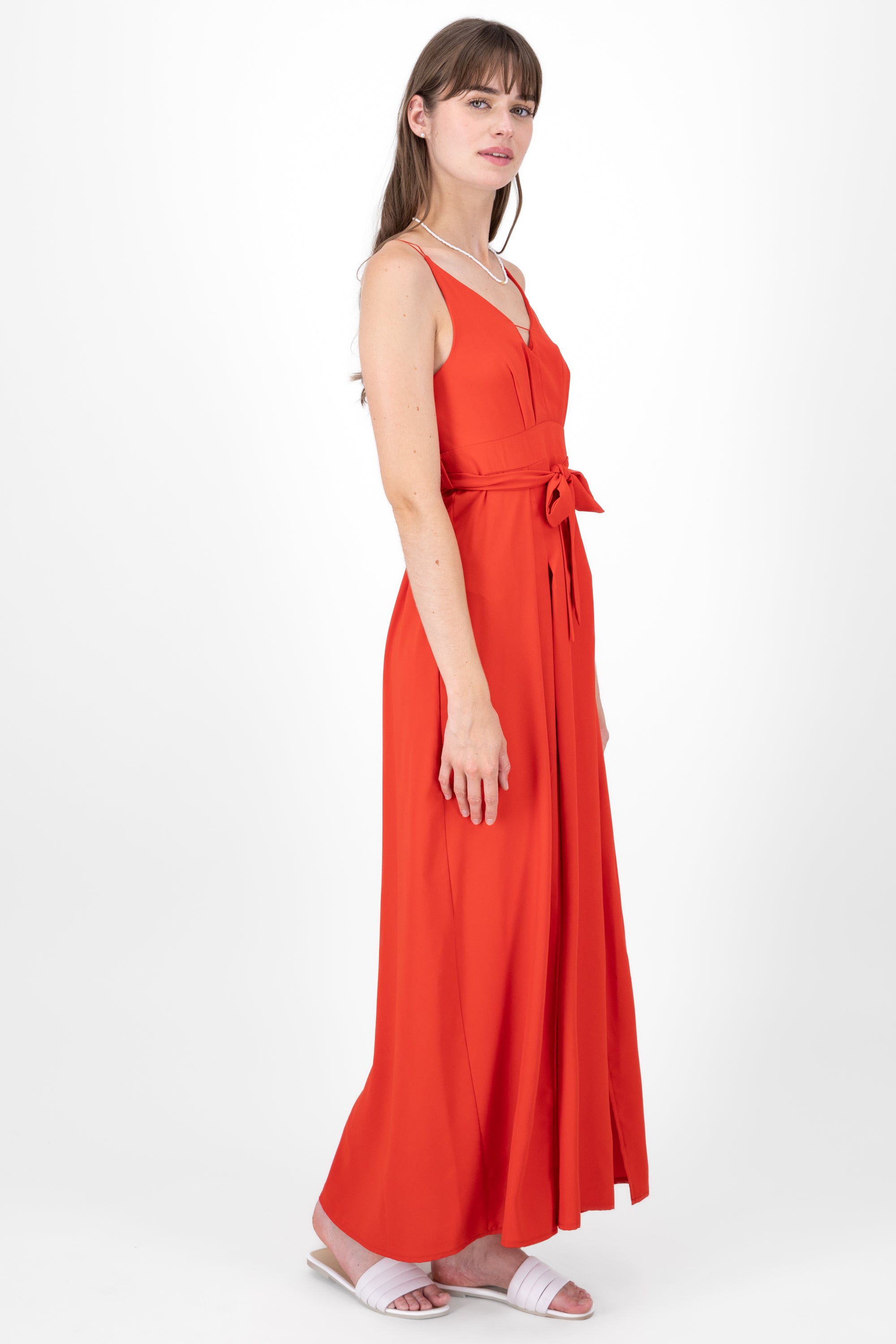 Vestido maxi escote v abertura pierna ROJO
