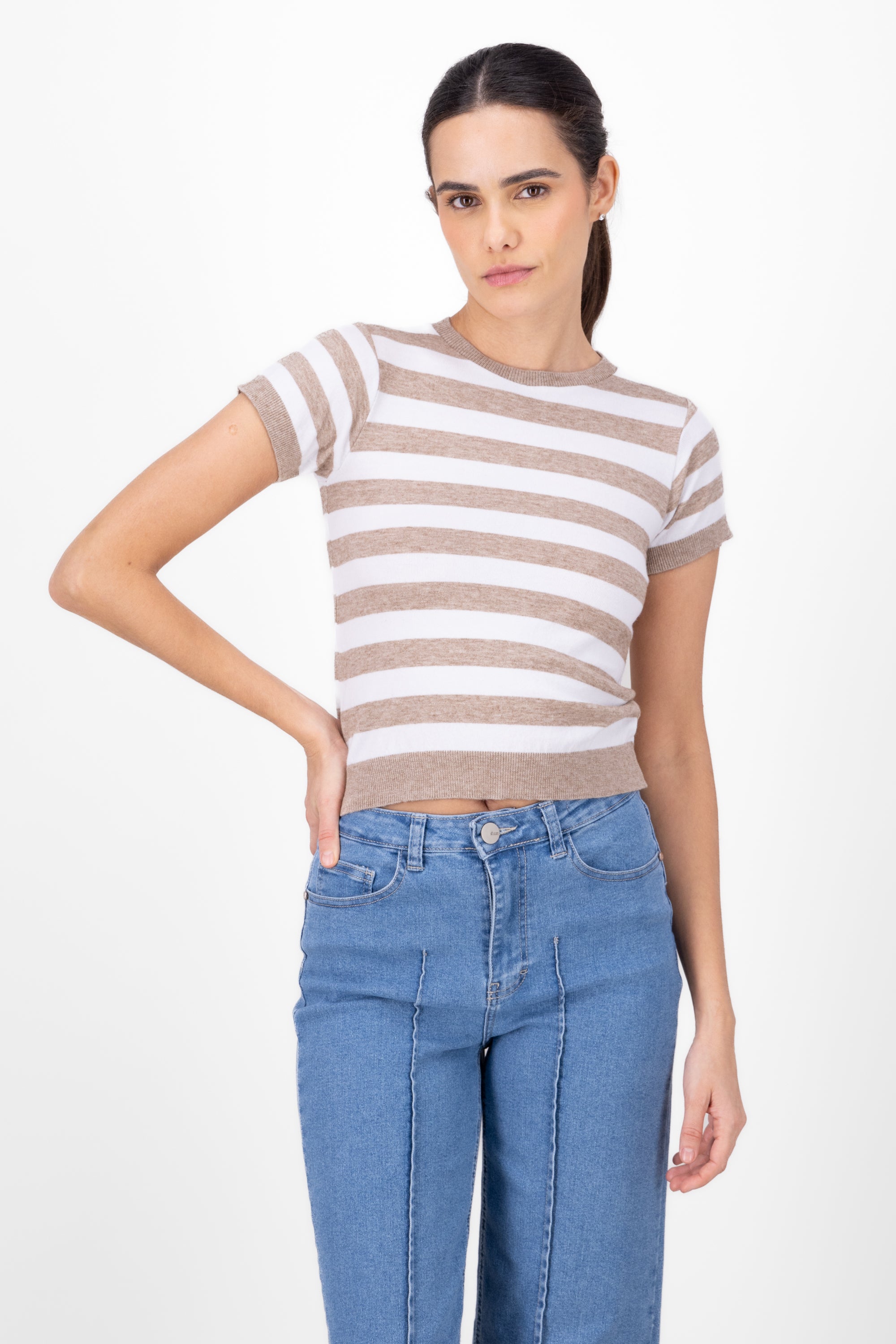 Top tejido crop rayas manga corta BEIGE