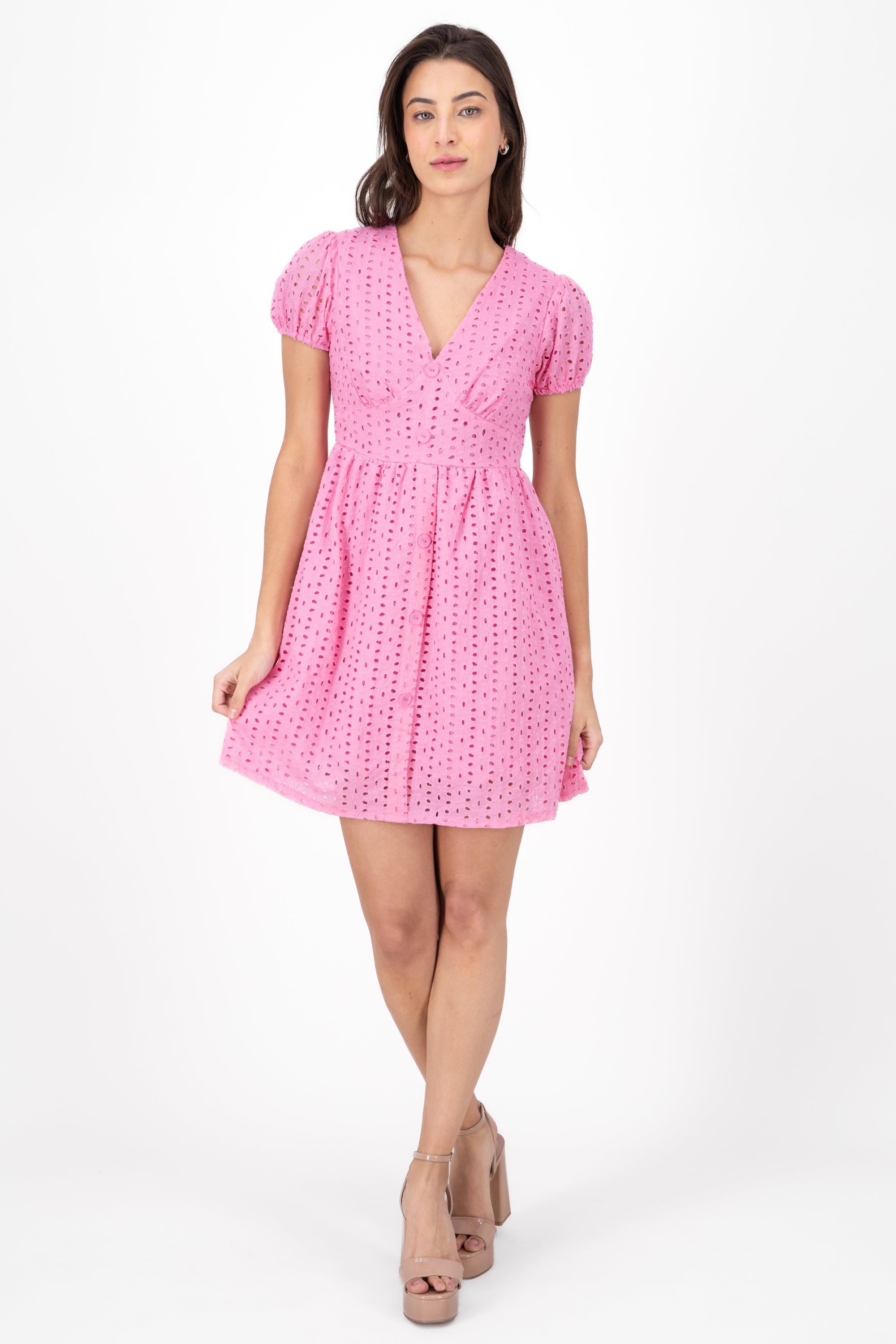 Vestido Bordado Suizo Botones ROSA