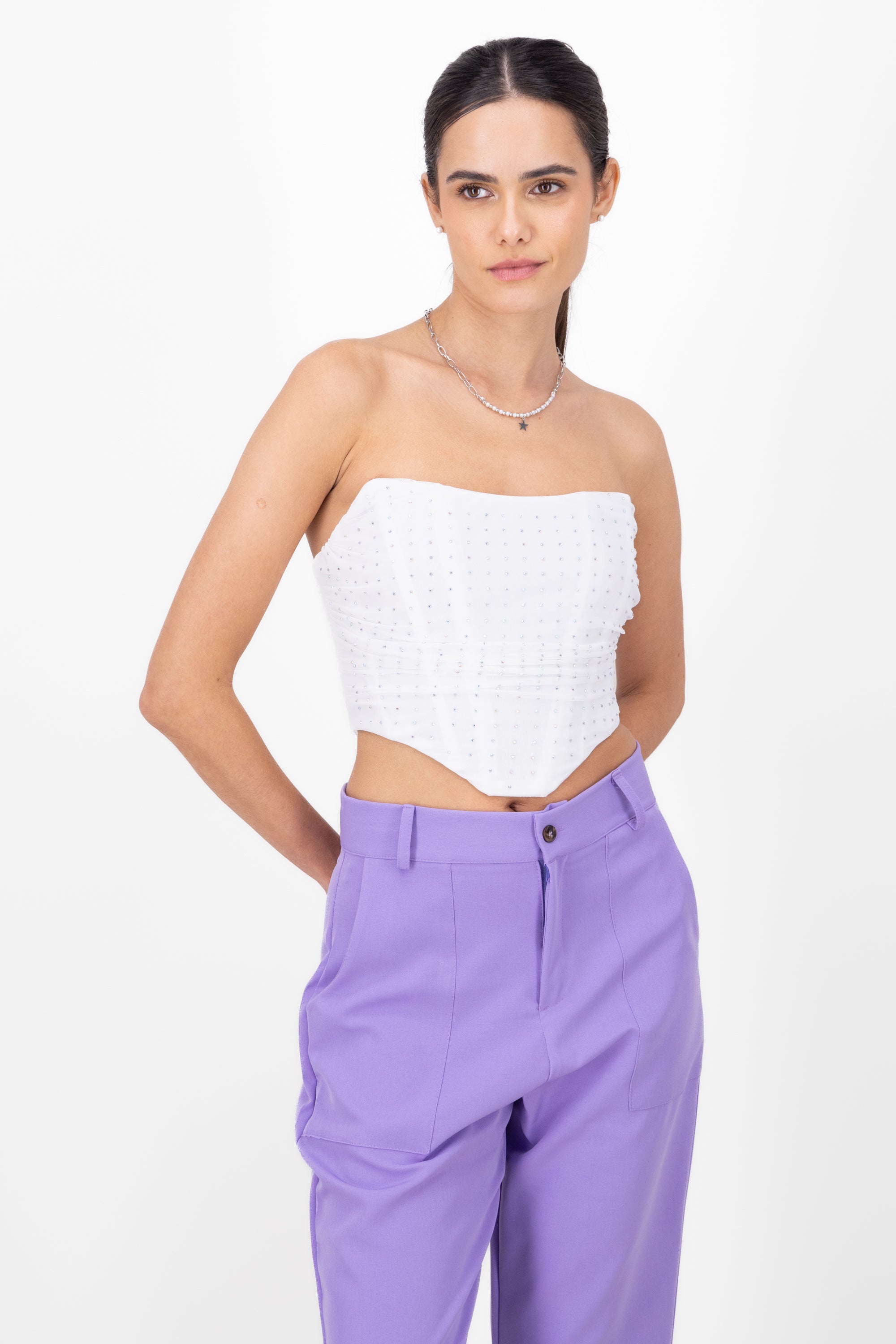 Top de mesh con piedra de brillos BLANCO COMBO