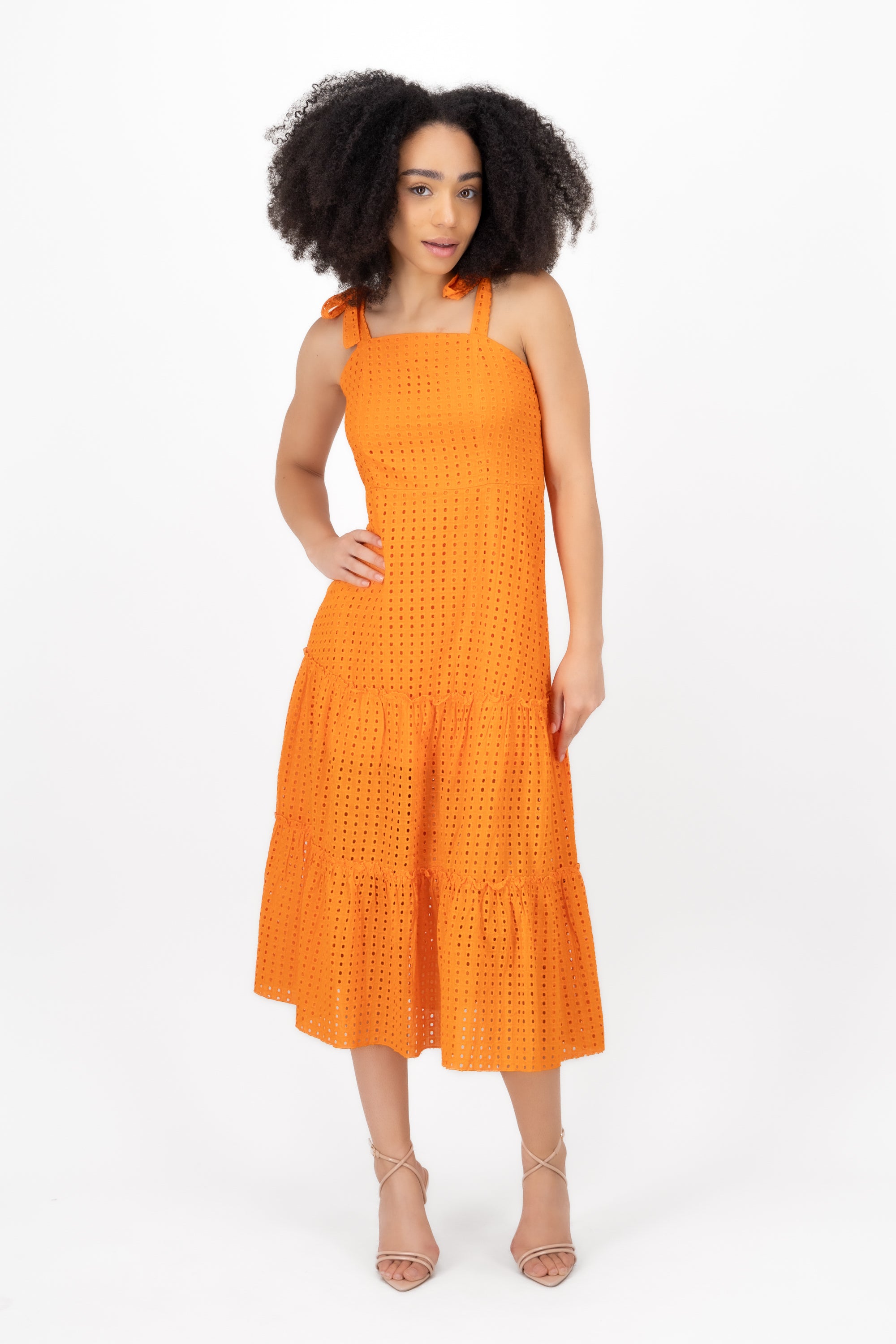 Vestido midi tirante lazo algodon eyelet Hypsters NARANJA