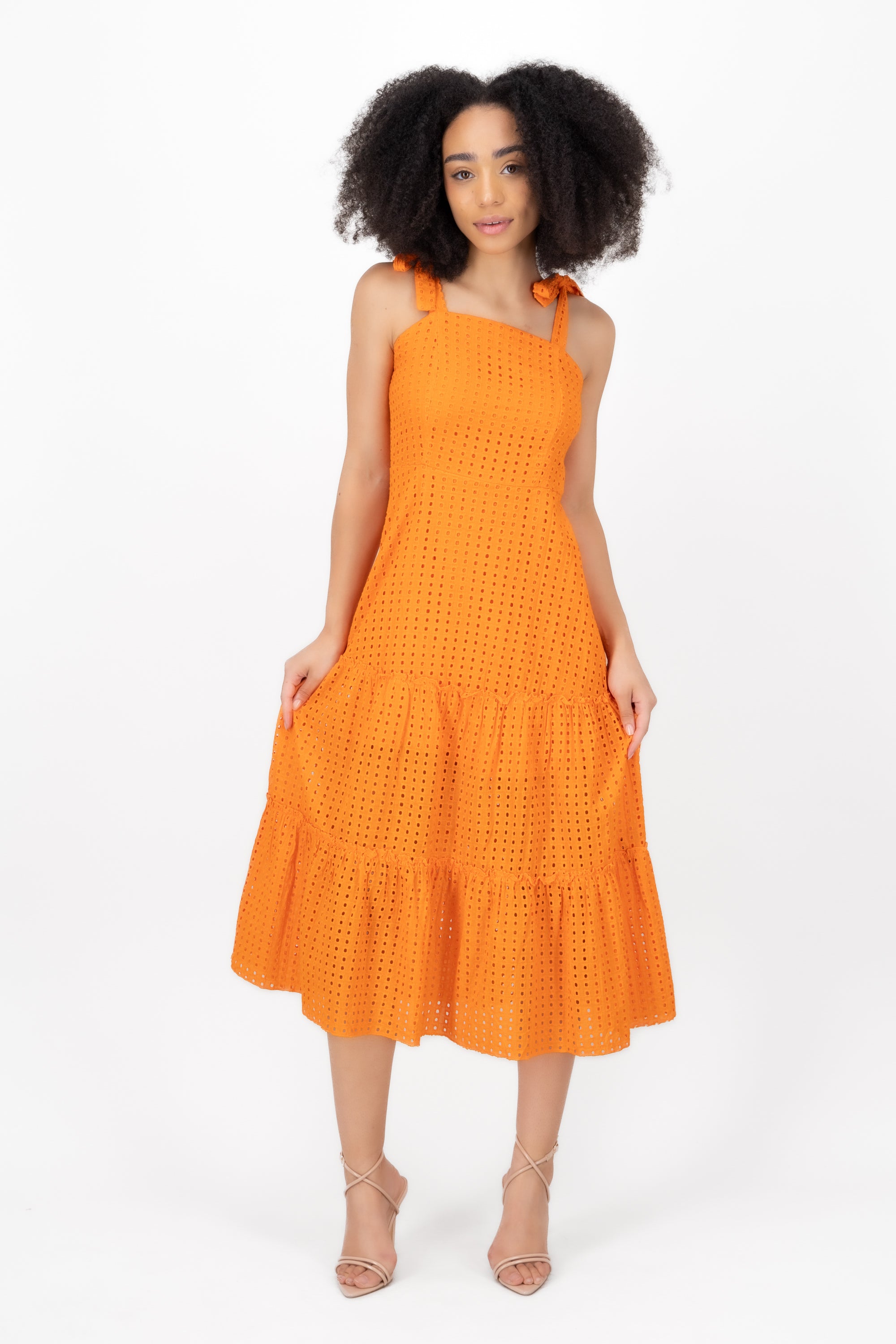 Vestido midi tirante lazo algodon eyelet Hypsters NARANJA