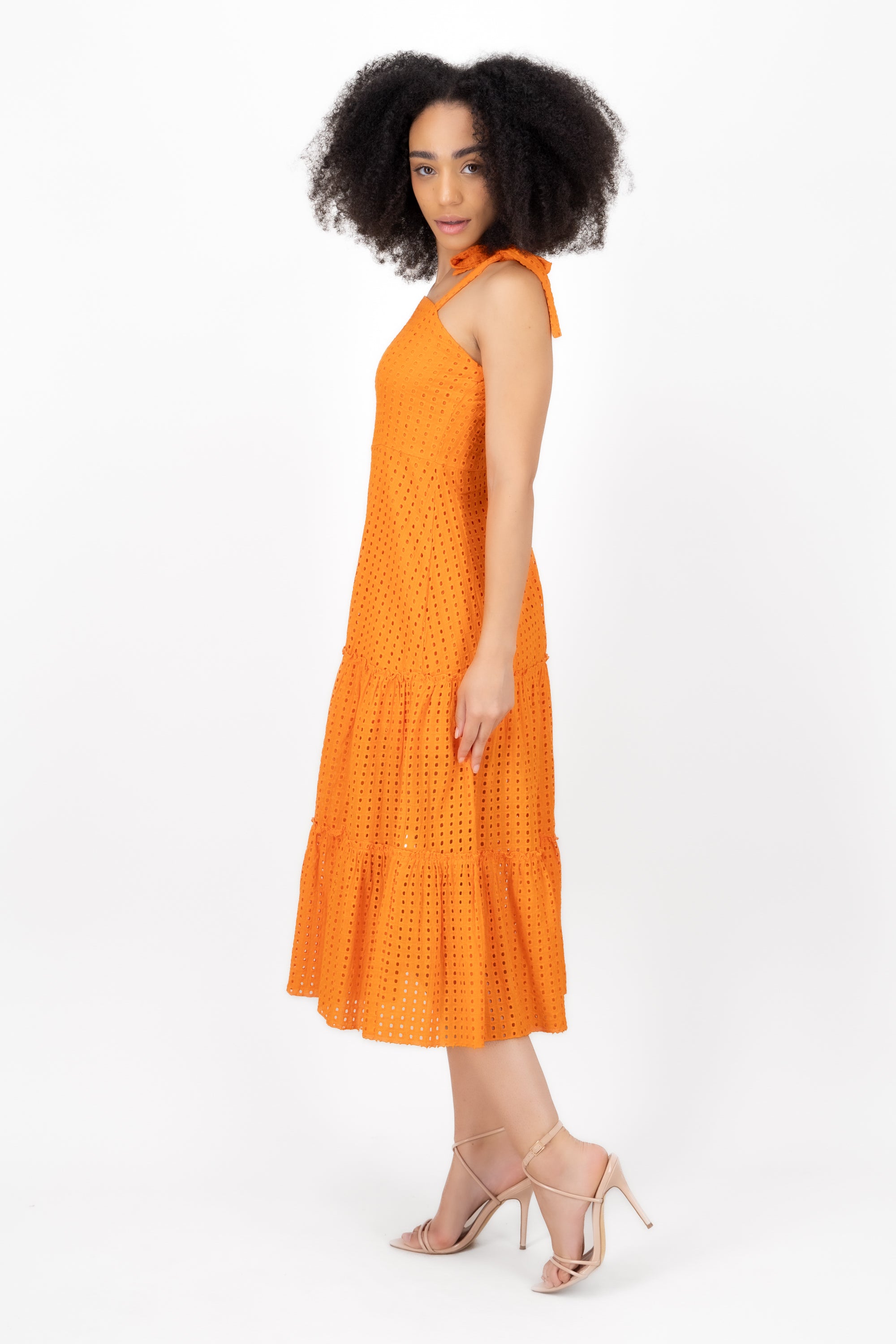 Vestido midi tirante lazo algodon eyelet Hypsters NARANJA