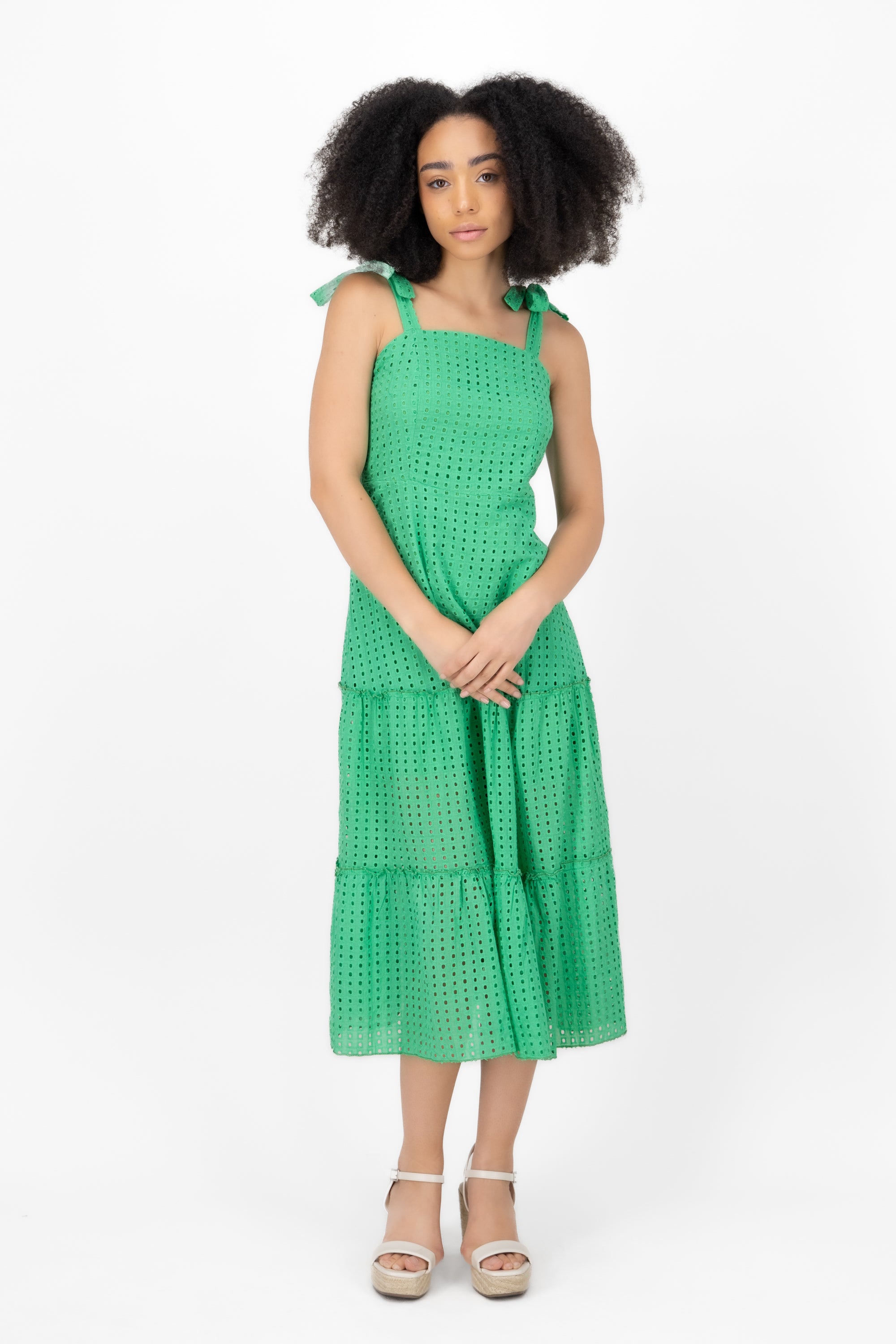 Vestido midi tirante lazo algodon eyelet Hypsters VERDE