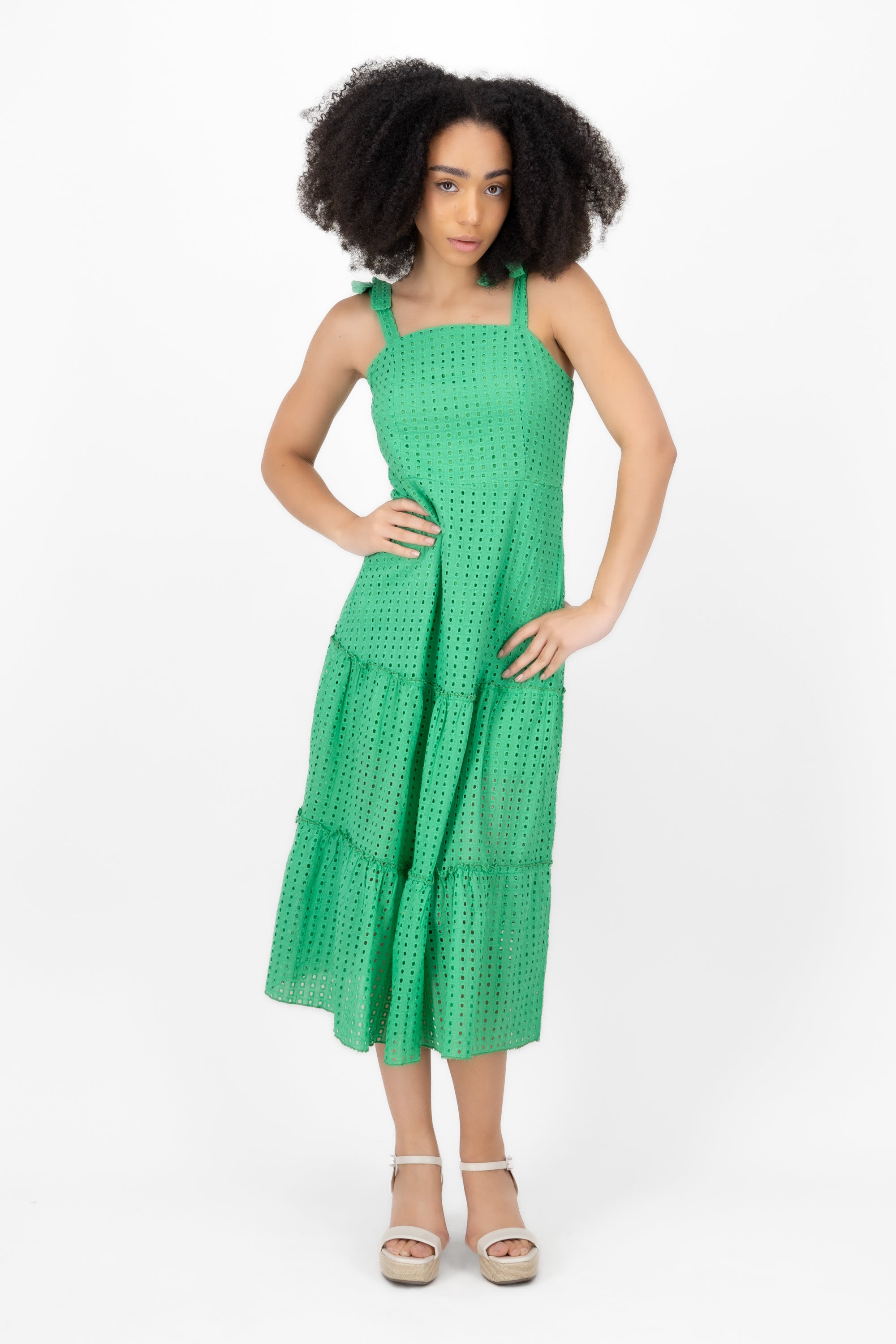 Vestido midi tirante lazo algodon eyelet Hypsters VERDE