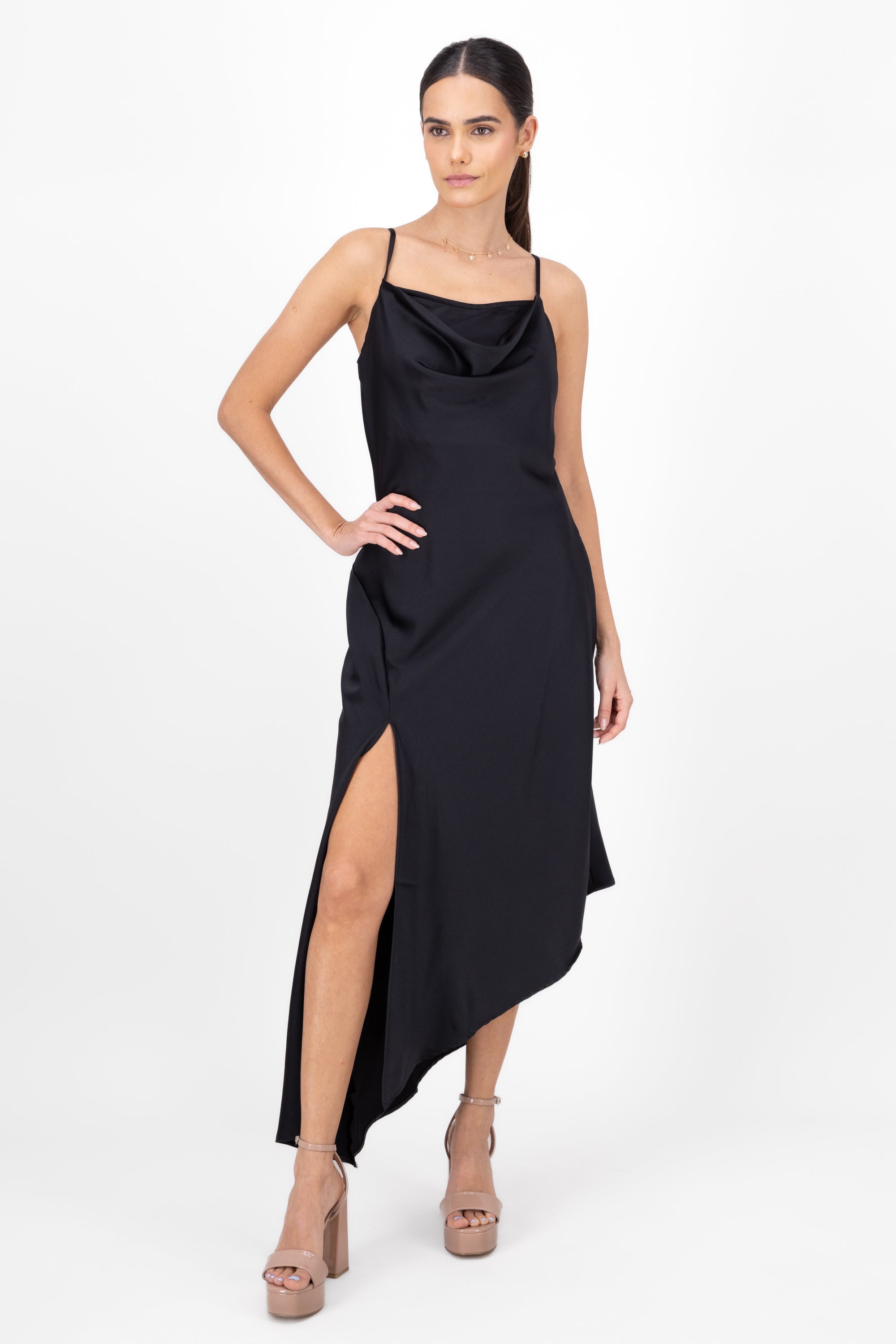 Asimetric Maxi Cascada Neck Dress BLACK