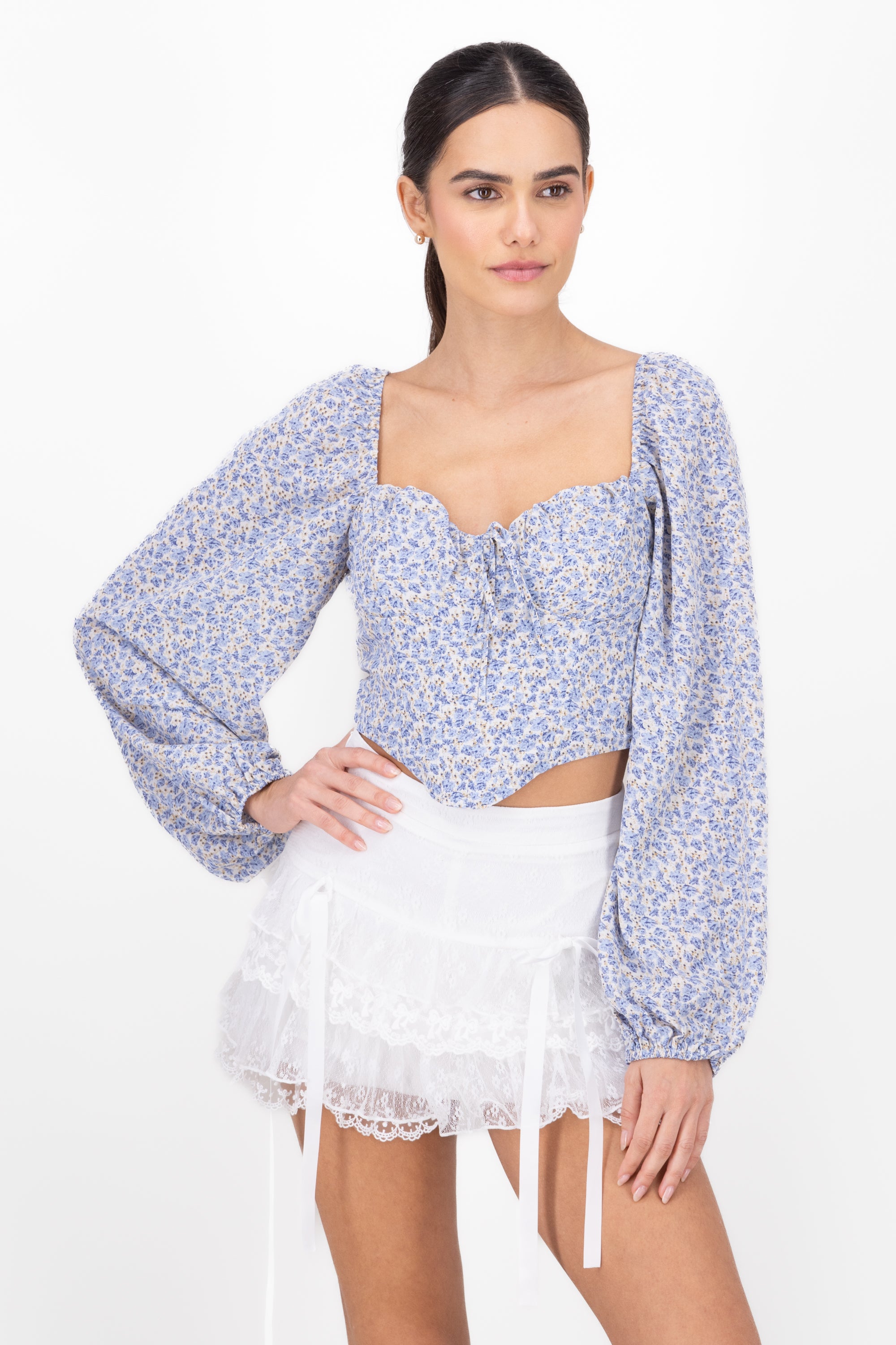 Long sleeve blouse with flower print Combo blue