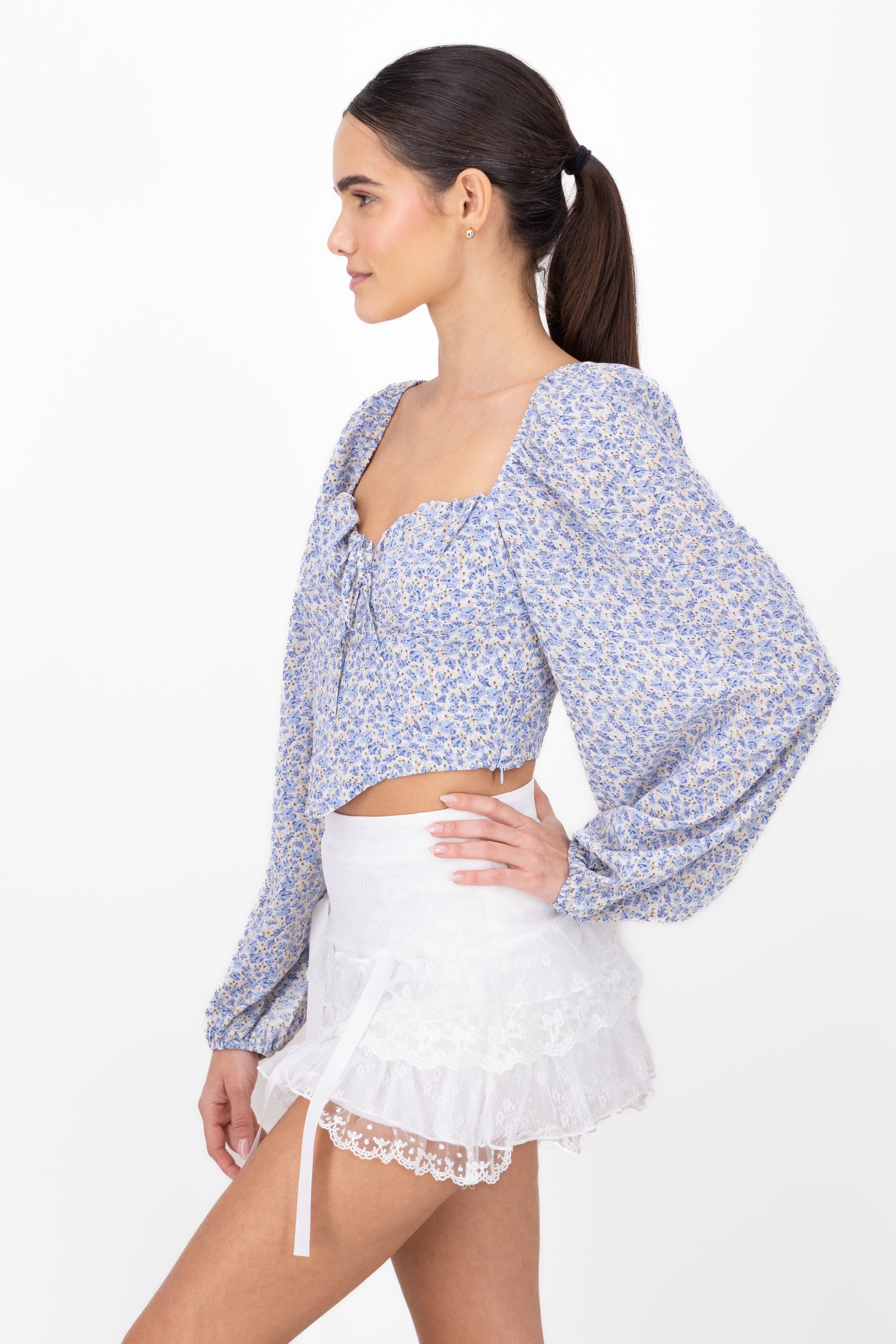 Long sleeve blouse with flower print Combo blue