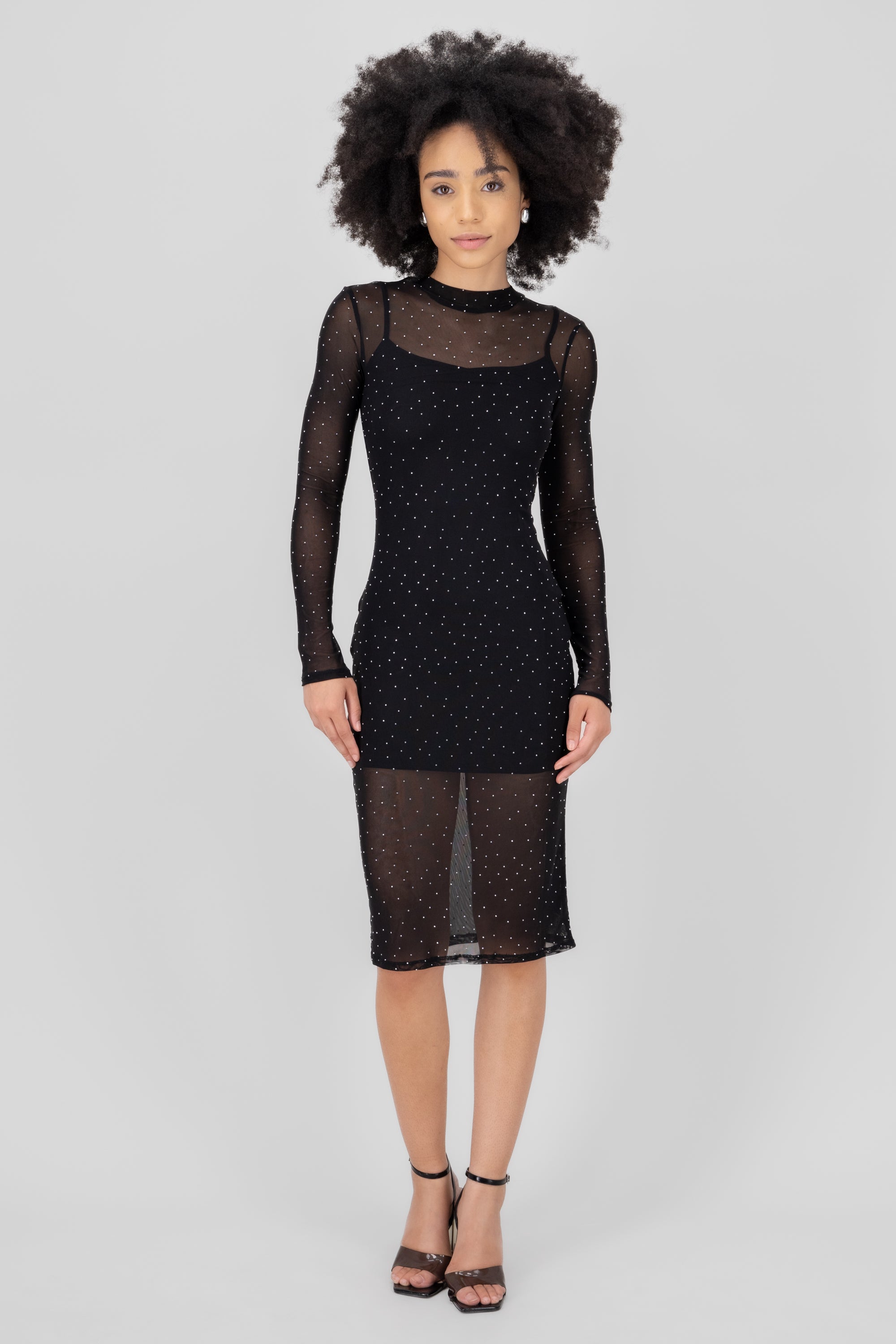 Vestido midi mesh con brillos NEGRO