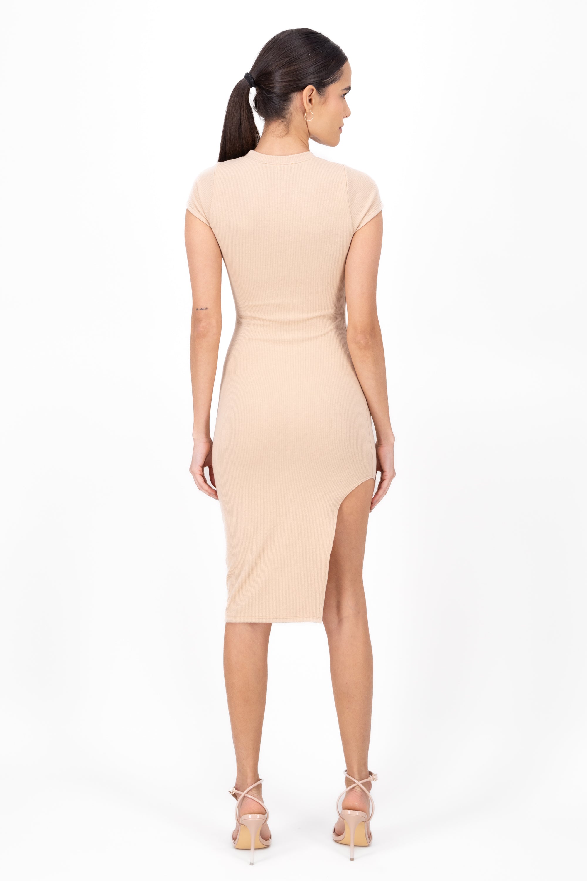 MIDI RIB SHORT MANGA DRESS Taupe