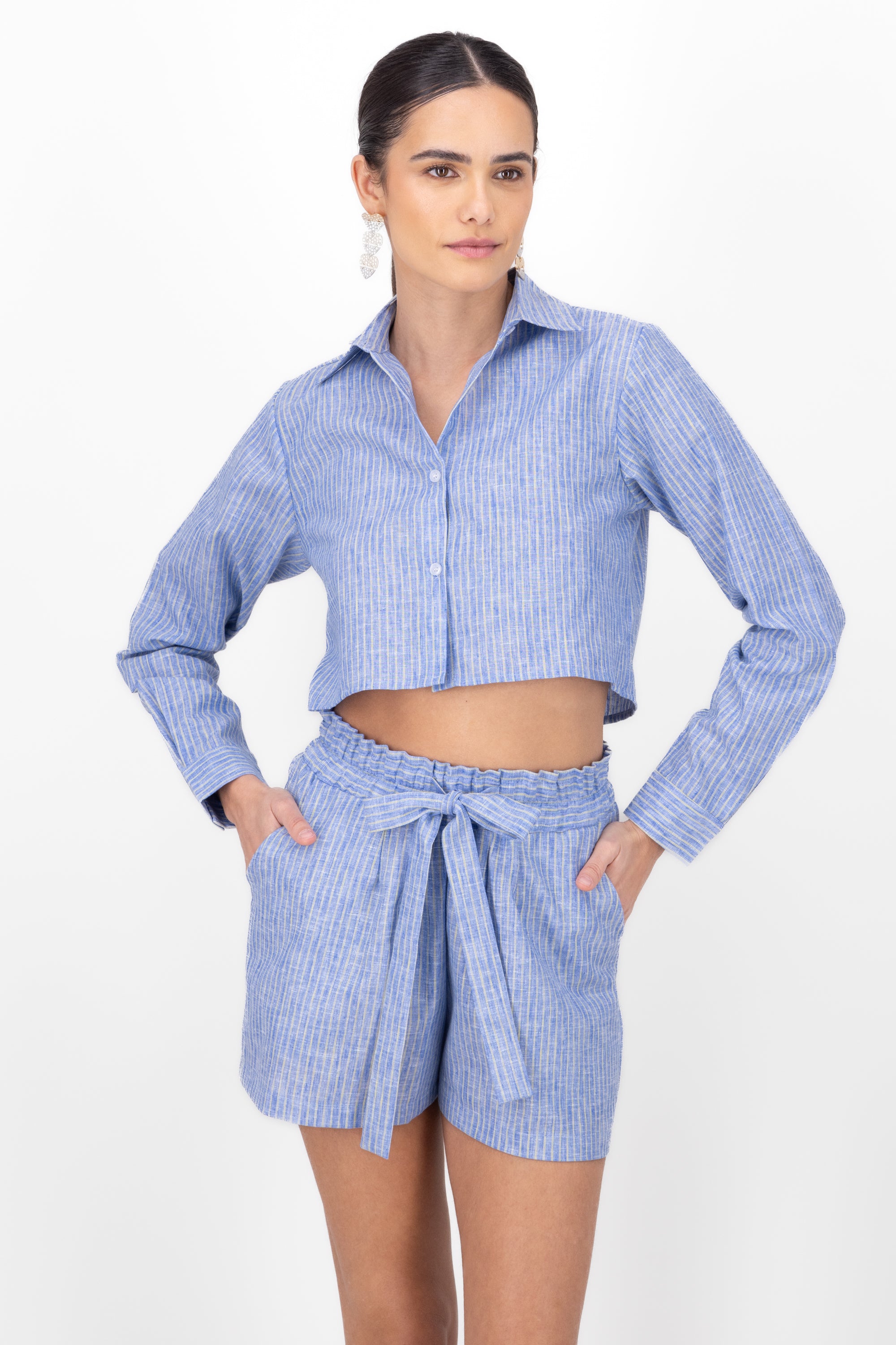 Camisa crop rayas lino AZUL COMBO