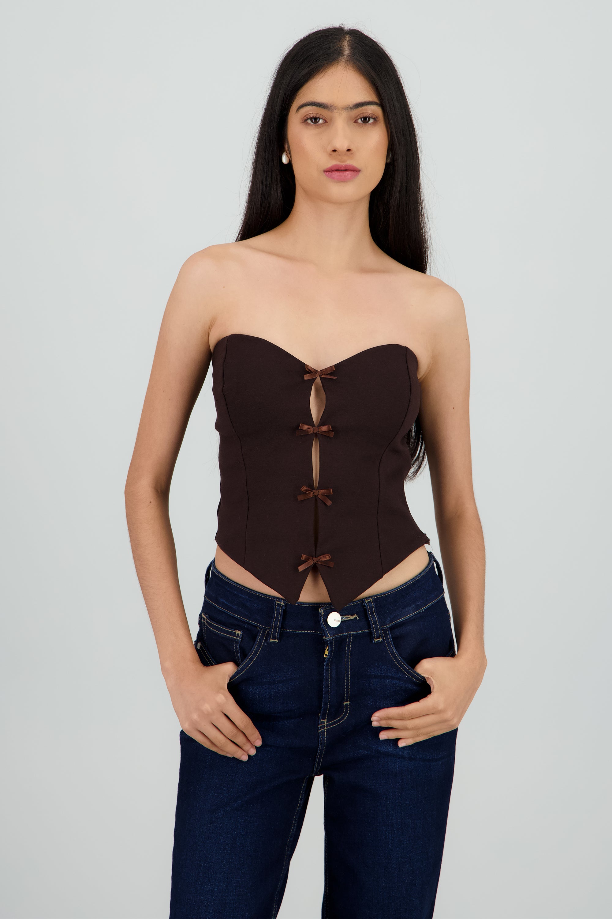 Top strapless detalle moños CHOCOLATE