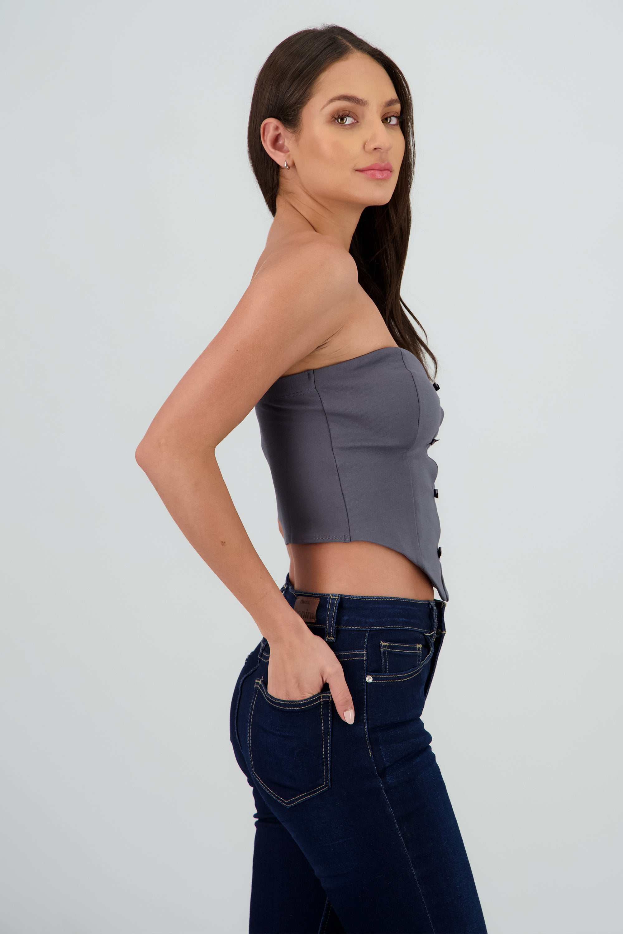 Top strapless detalle moños GRIS OBSCURO