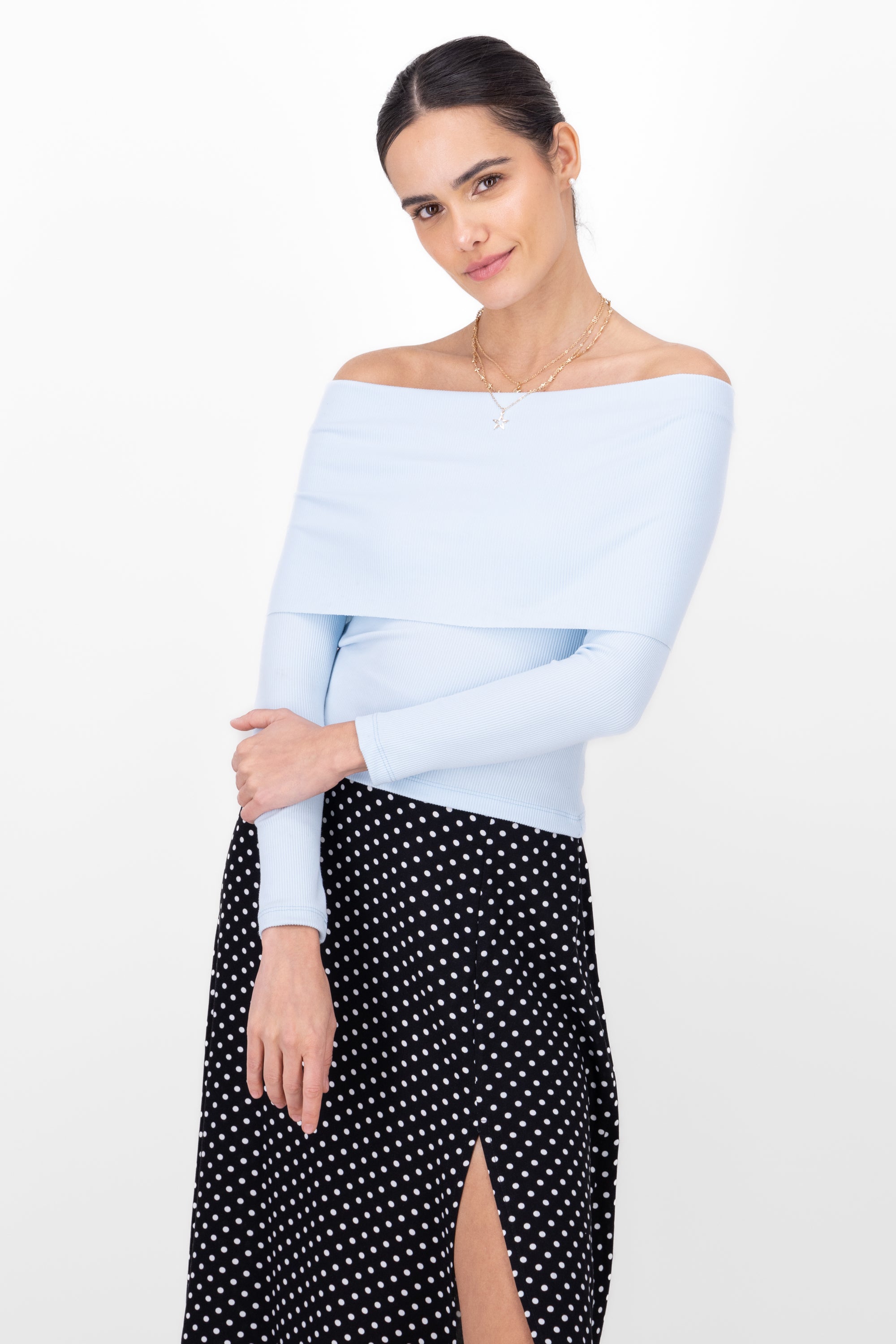 Top rib off shoulder AZUL PASTEL