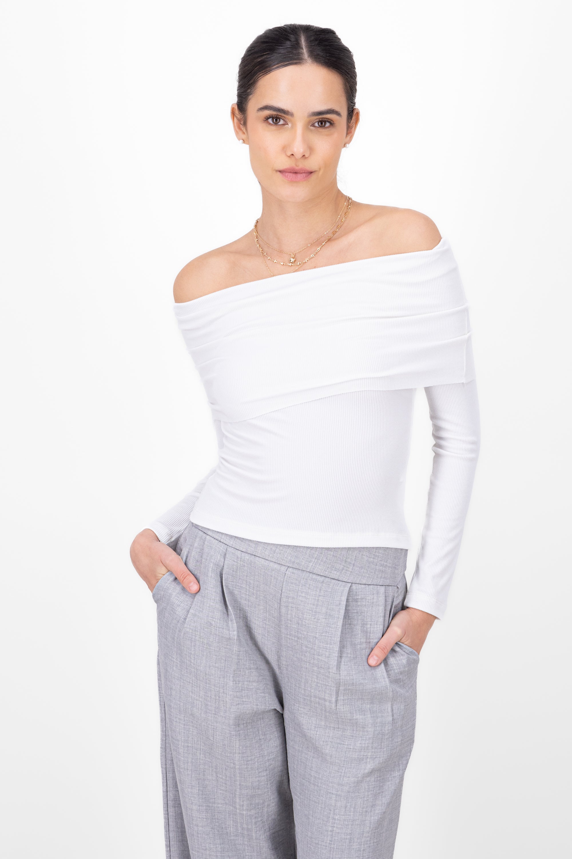 Top rib off shoulder BLANCO