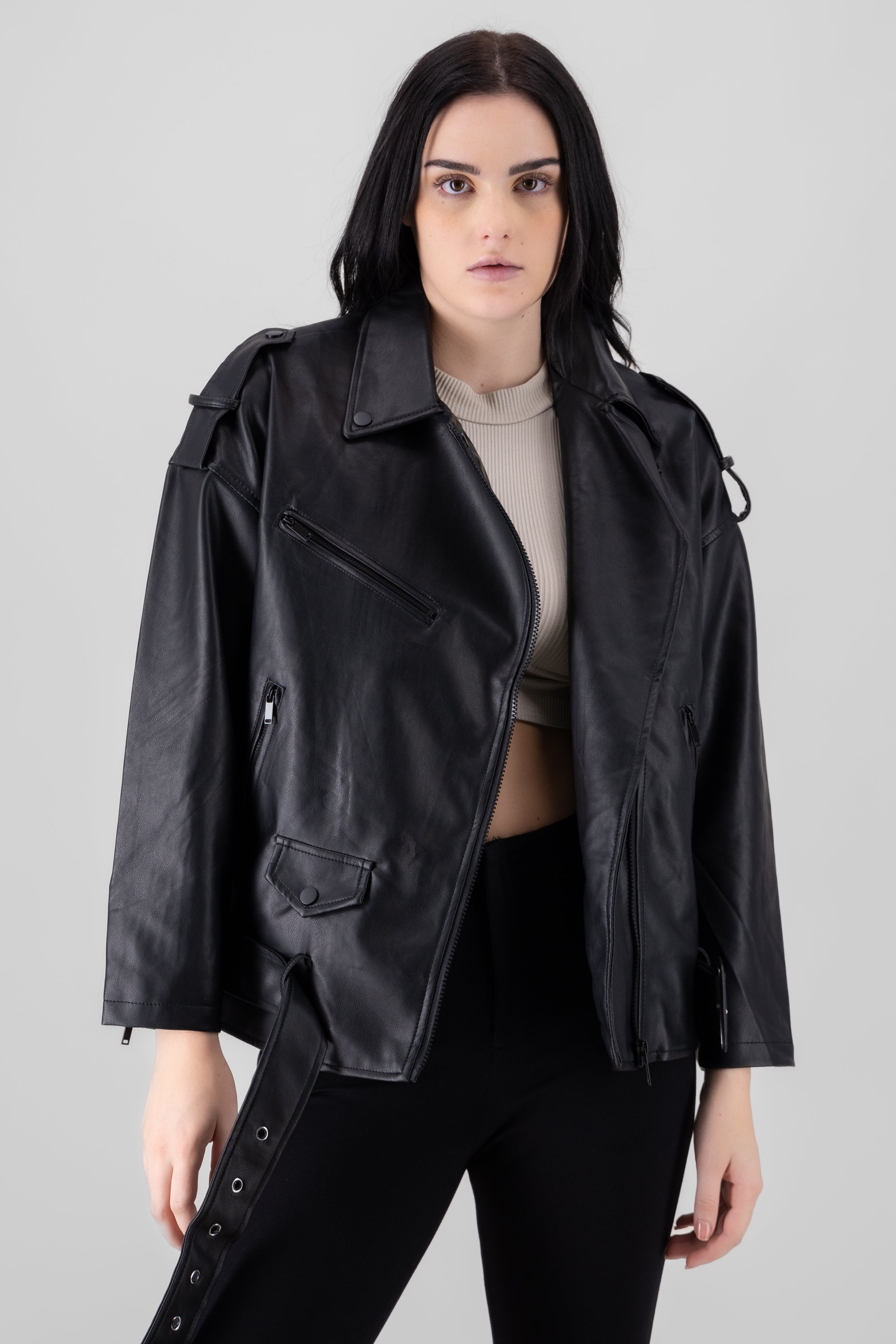 Moocolor Oversized Biker Chamarra BLACK