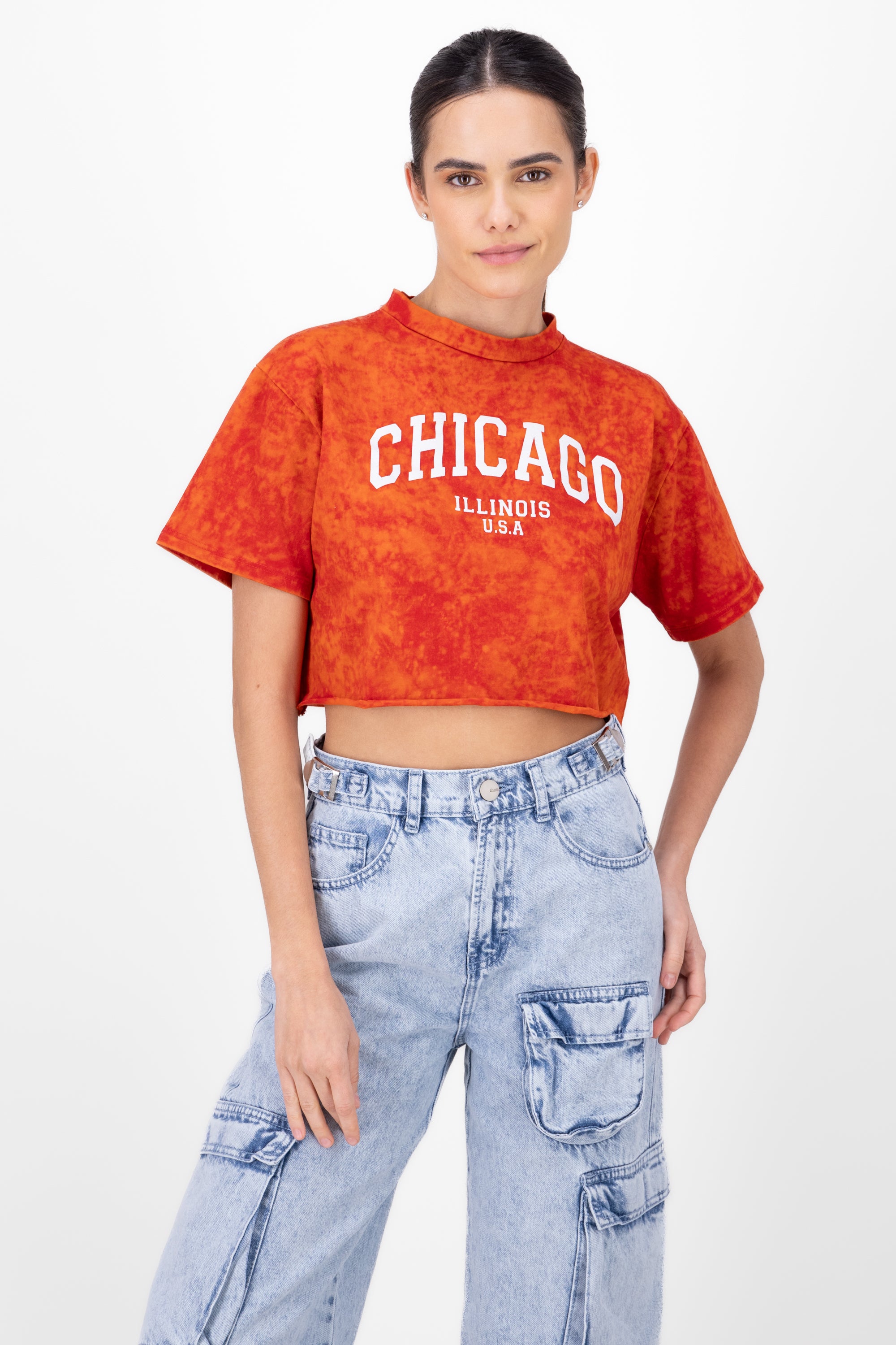 Crop Playera Acid Wash Chicago RED